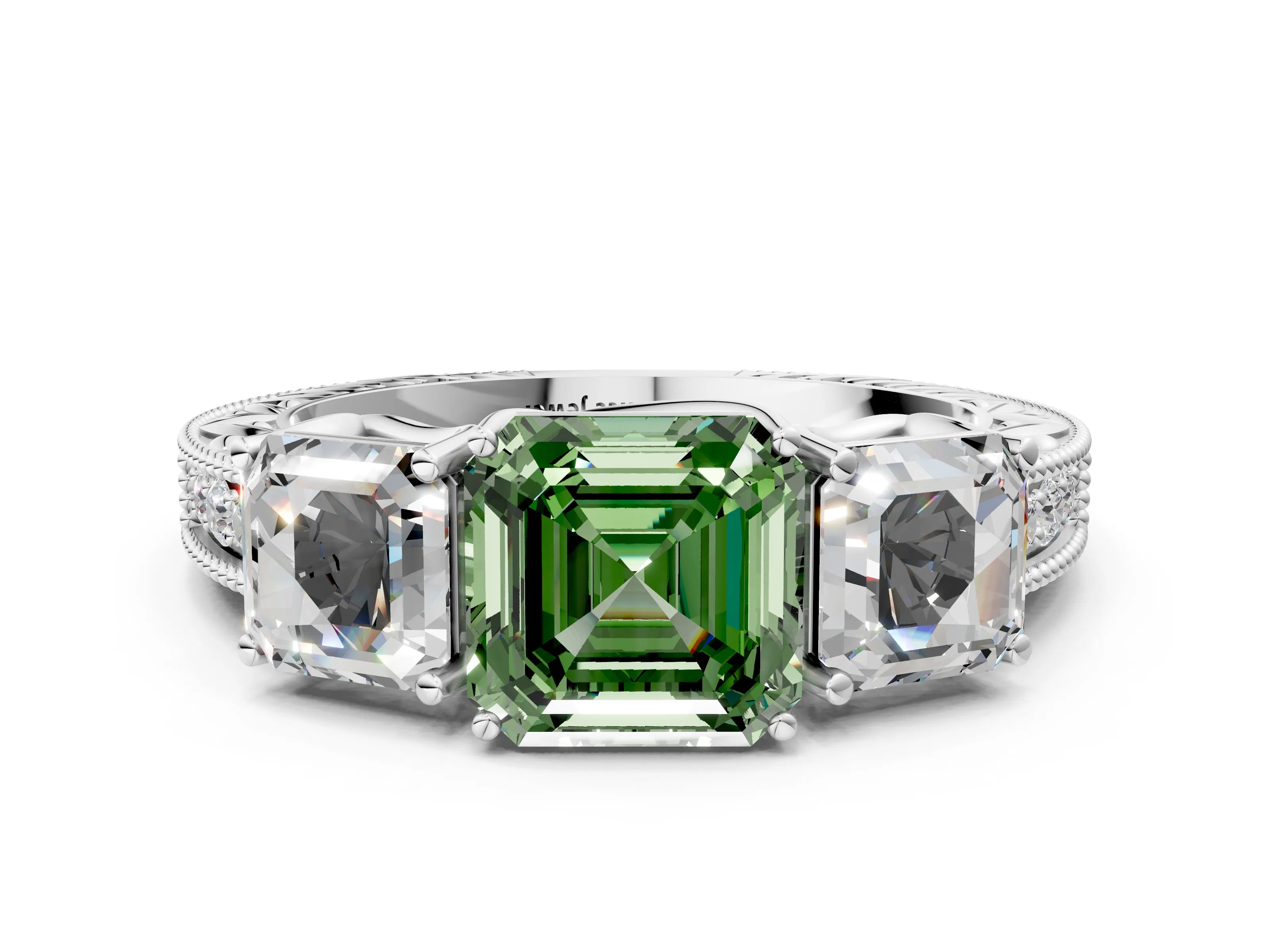 White gold Three-Stone Fancy Green Asscher Cut Cut Milgrain Pavé Engagement Ring