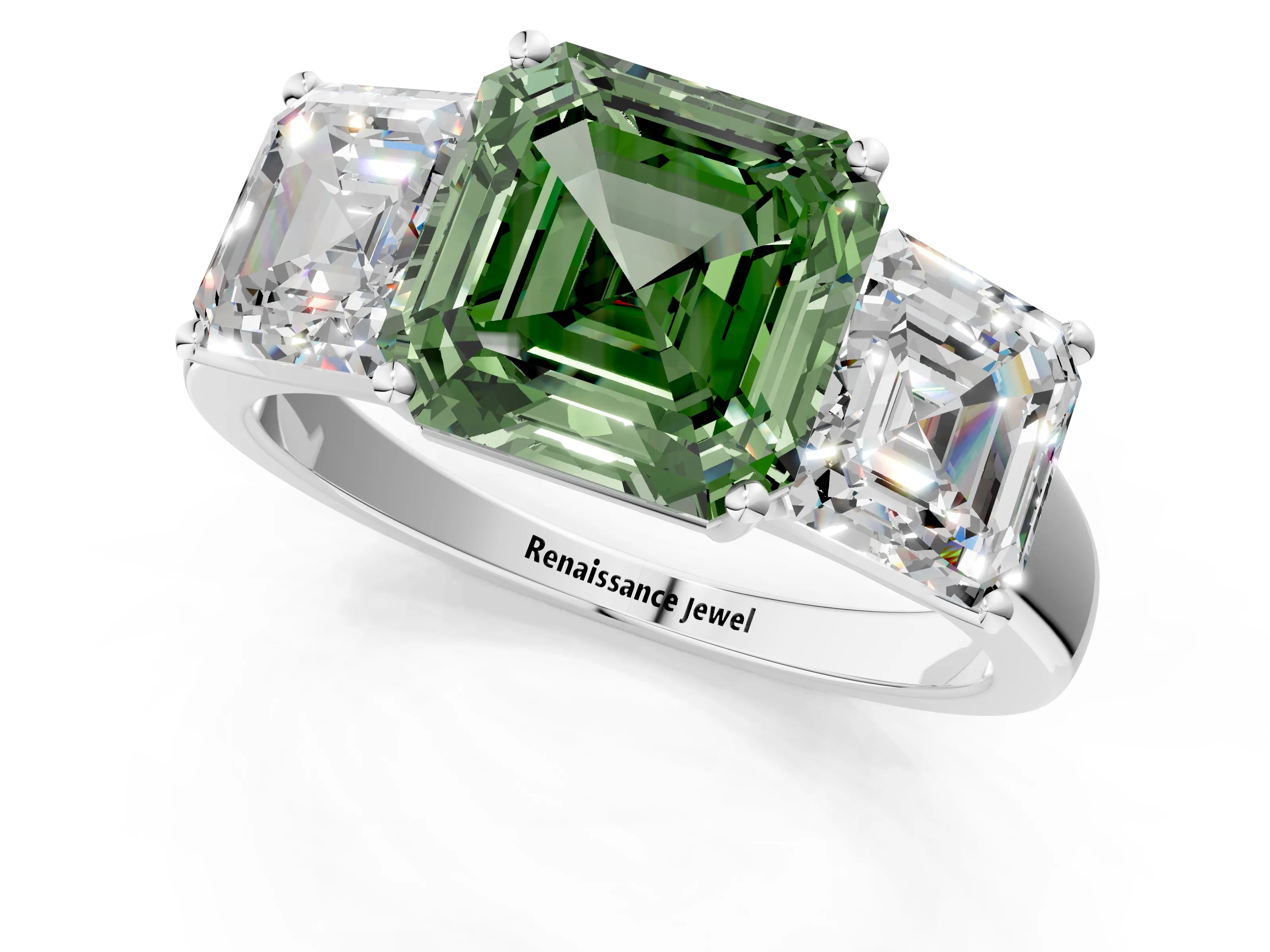 White gold Three-Stone Fancy Green Asscher Cut Cut Solitaire Ring with Classic Prong Setting_25