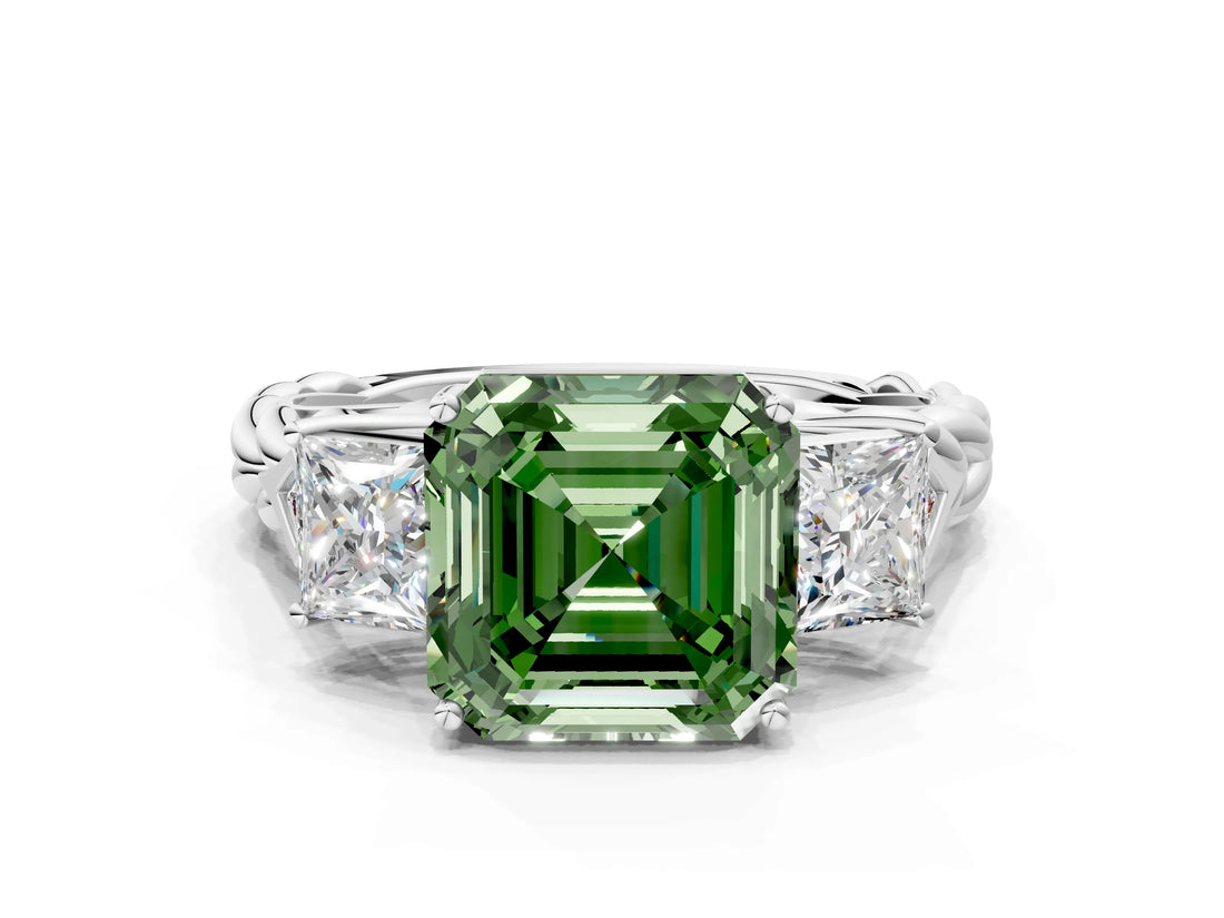 White gold Three-Stone Fancy Green Asscher Cut Diamond Braided Band Ring with Four-Prong Setting_50