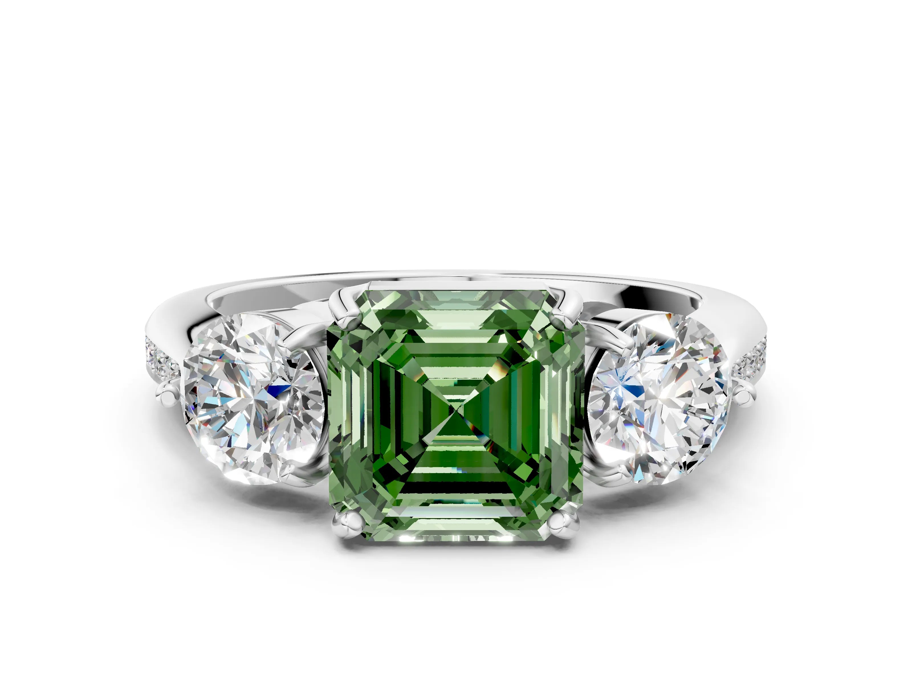 White gold Three-Stone Fancy Green Asscher Cut Diamond Channel Set Engagement Ring with Prong Setting
