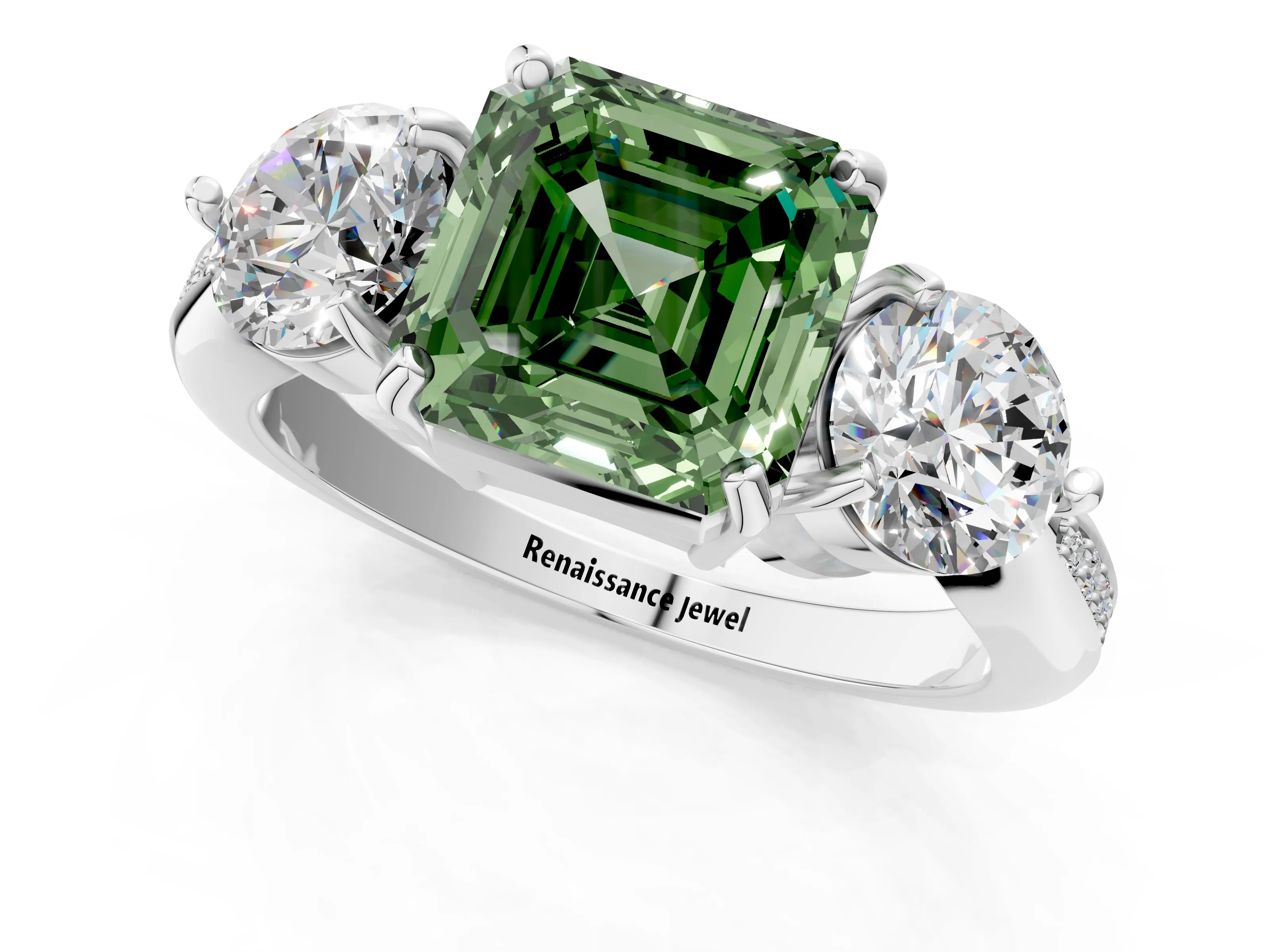 White gold Three-Stone Fancy Green Asscher Cut Diamond Channel Set Engagement Ring with Prong Setting_1