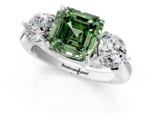 White gold Three-Stone Fancy Green Asscher Cut Diamond Channel Set Engagement Ring with Prong Setting_1