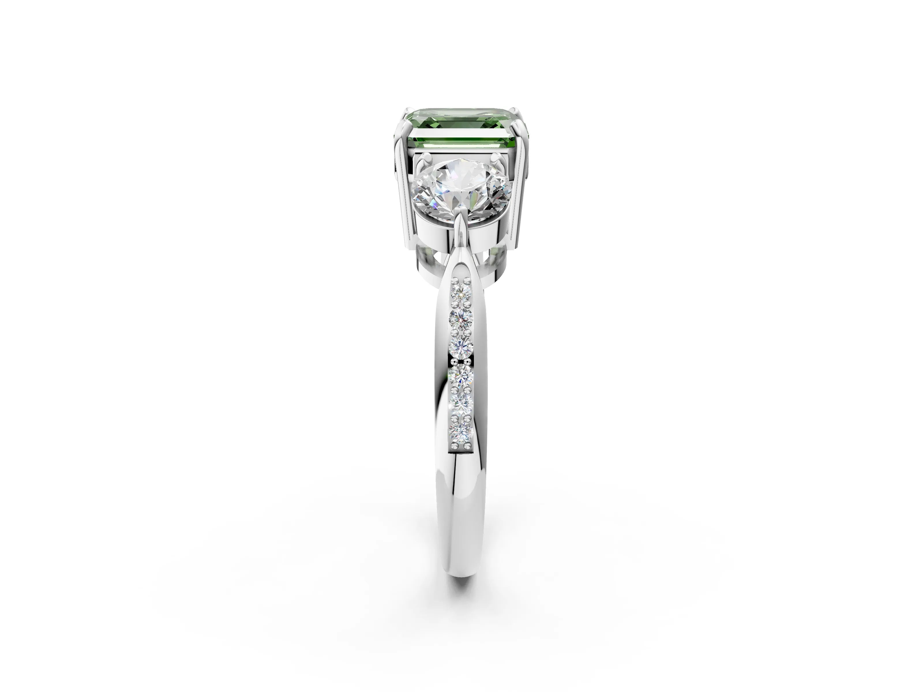 White gold Three-Stone Fancy Green Asscher Cut Diamond Channel Set Engagement Ring with Prong Setting_2