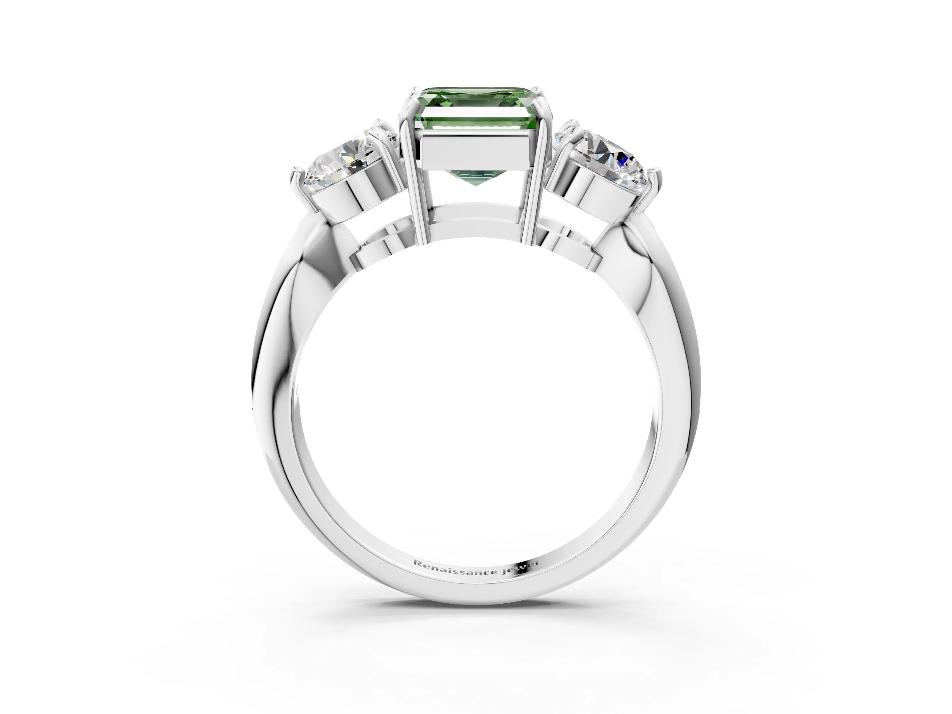 White gold Three-Stone Fancy Green Asscher Cut Diamond Channel Set Engagement Ring with Prong Setting_3