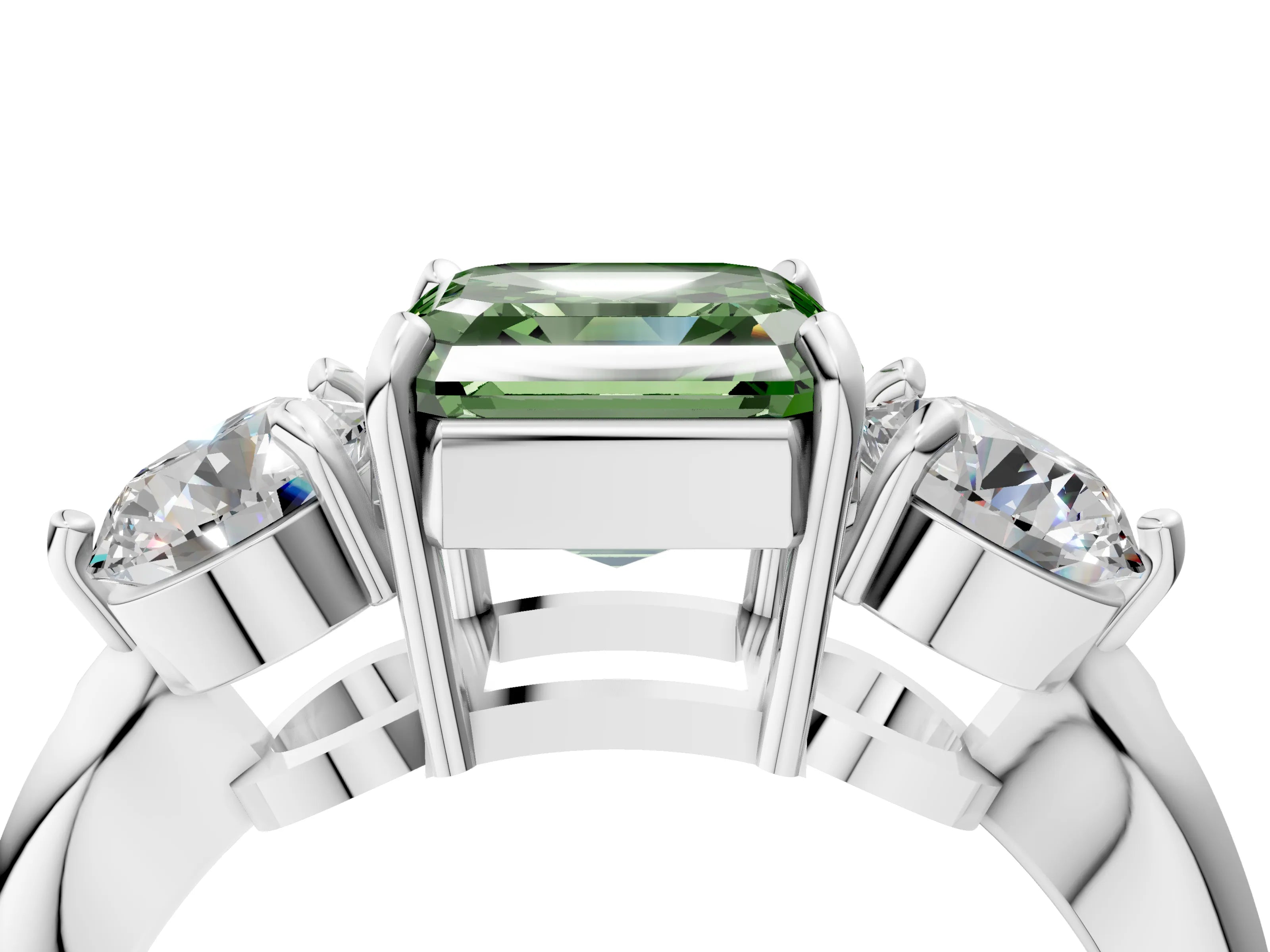 White gold Three-Stone Fancy Green Asscher Cut Diamond Channel Set Engagement Ring with Prong Setting_4