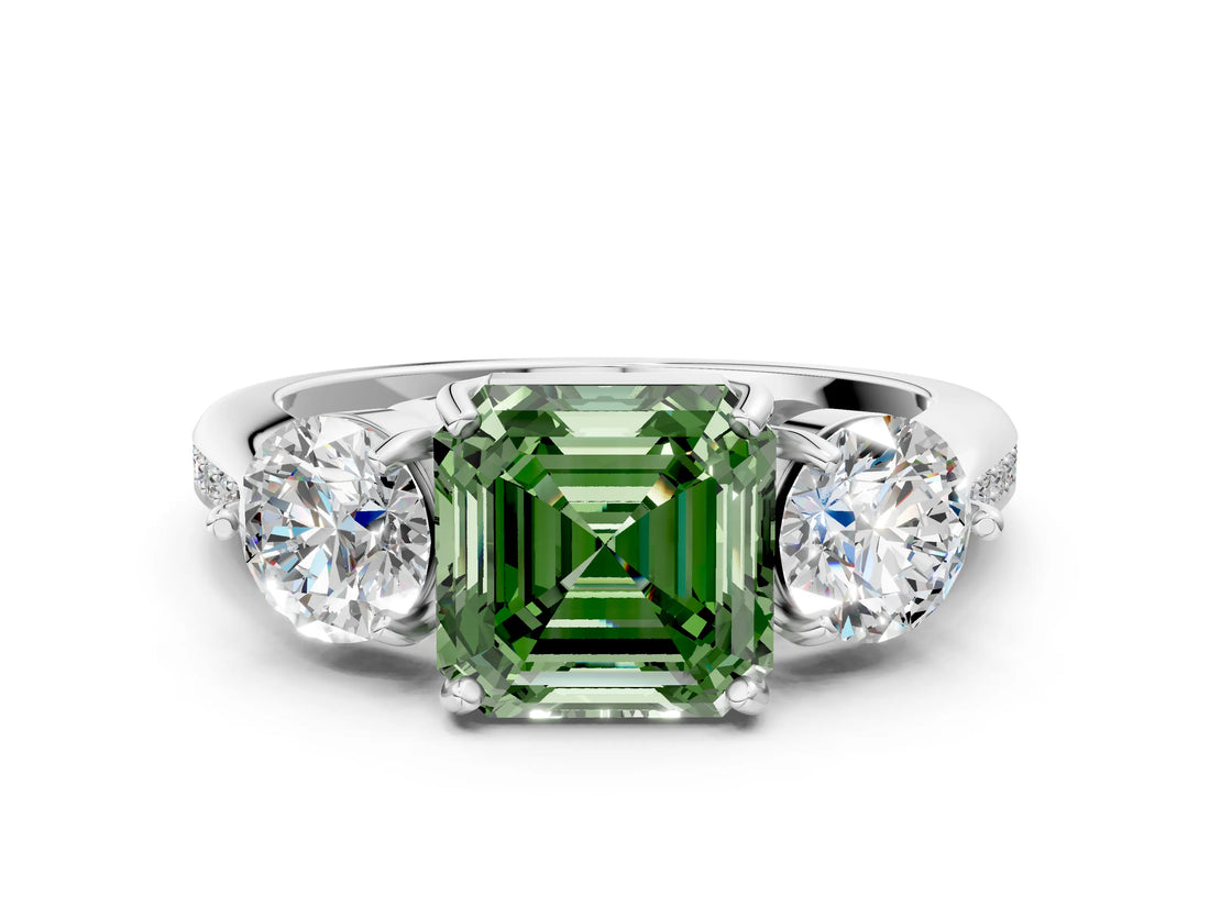 White gold Three-Stone Fancy Green Asscher Cut Diamond Channel Set Engagement Ring with Prong Setting