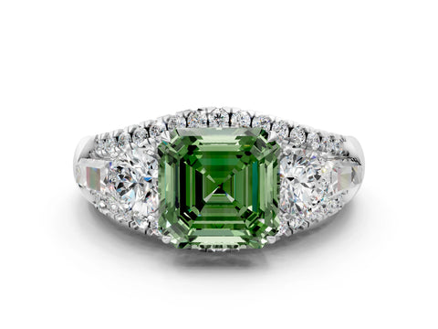 White gold Three-Stone Fancy Green Asscher Cut Diamond Engagement Ring with Pave Band and Prong Setting_12