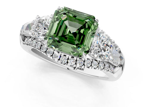 White gold Three-Stone Fancy Green Asscher Cut Diamond Engagement Ring with Pave Band and Prong Setting_13
