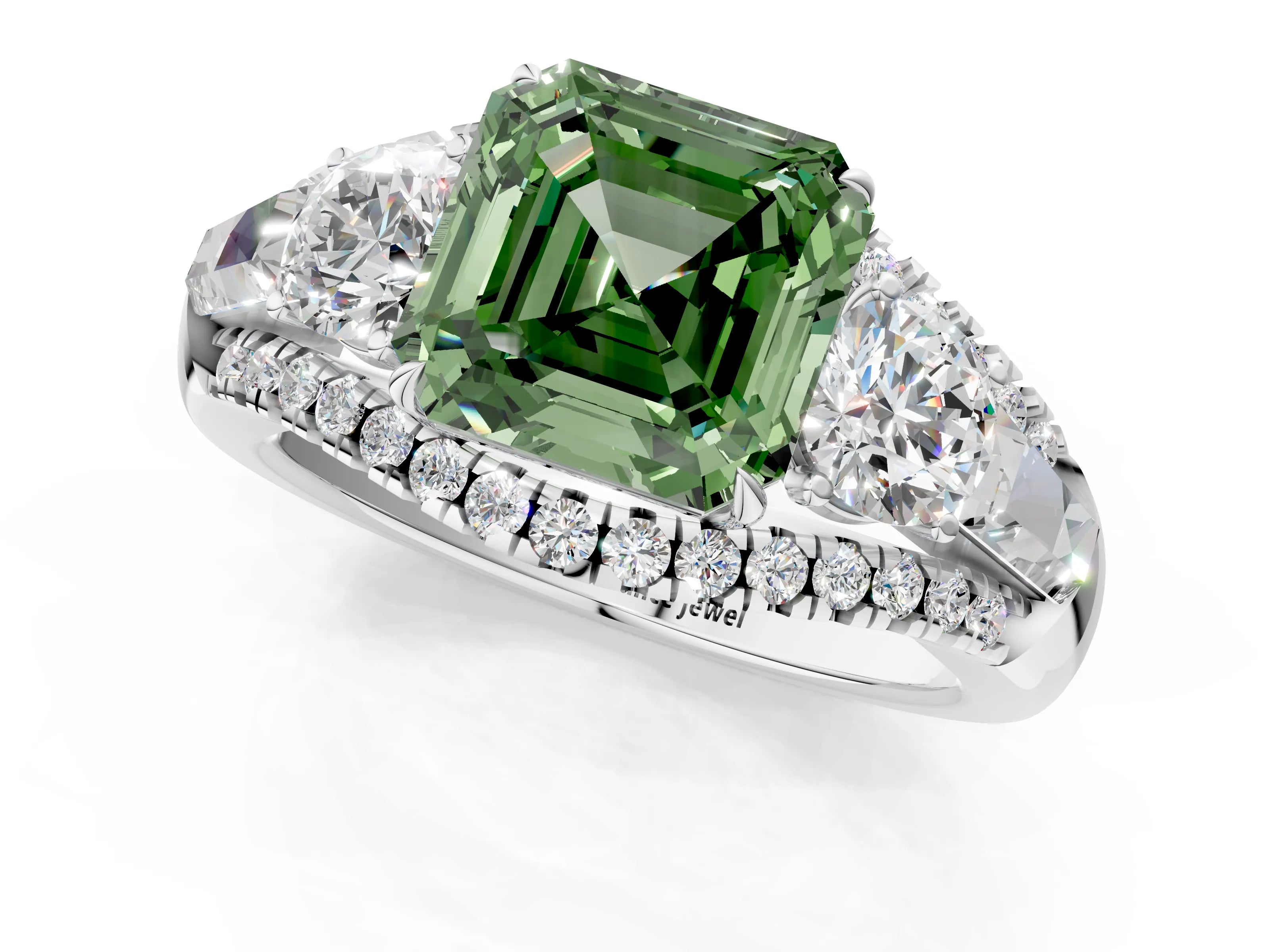 White gold Three-Stone Fancy Green Asscher Cut Diamond Engagement Ring with Pave Band and Prong Setting_13