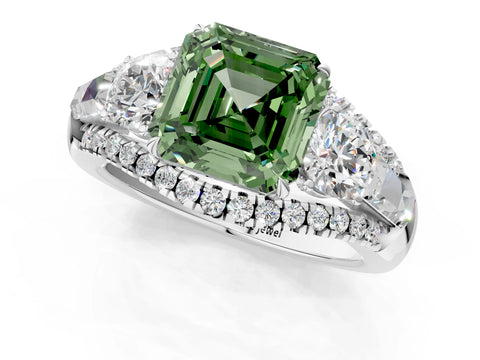 White gold Three-Stone Fancy Green Asscher Cut Diamond Engagement Ring with Pave Band and Prong Setting_13