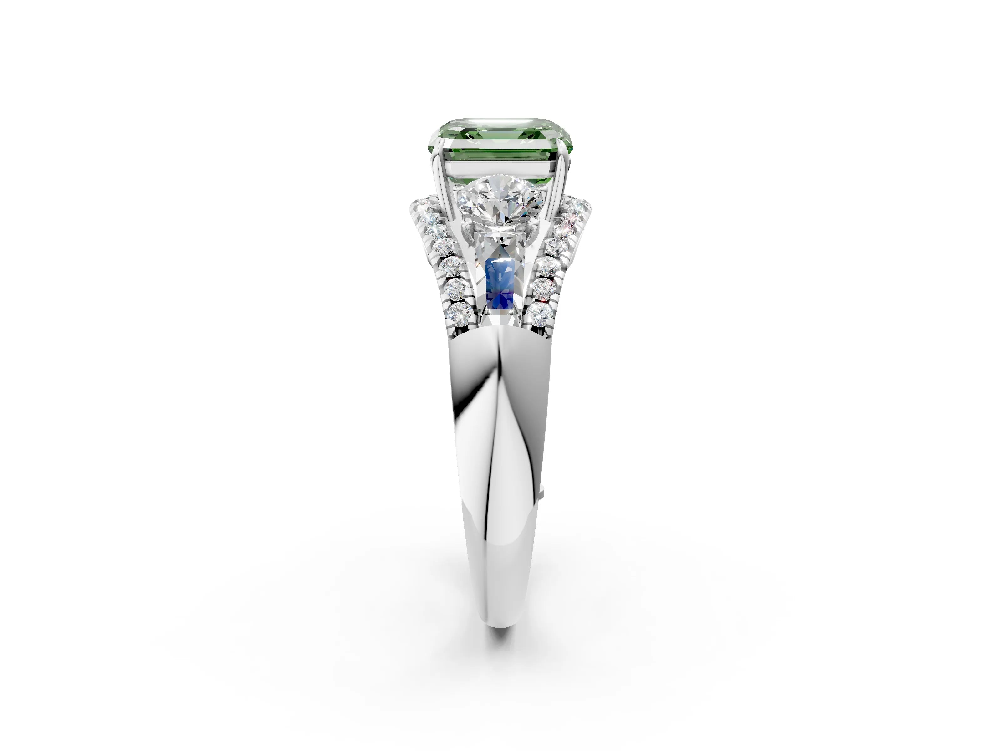 White gold Three-Stone Fancy Green Asscher Cut Diamond Engagement Ring with Pave Band and Prong Setting_14