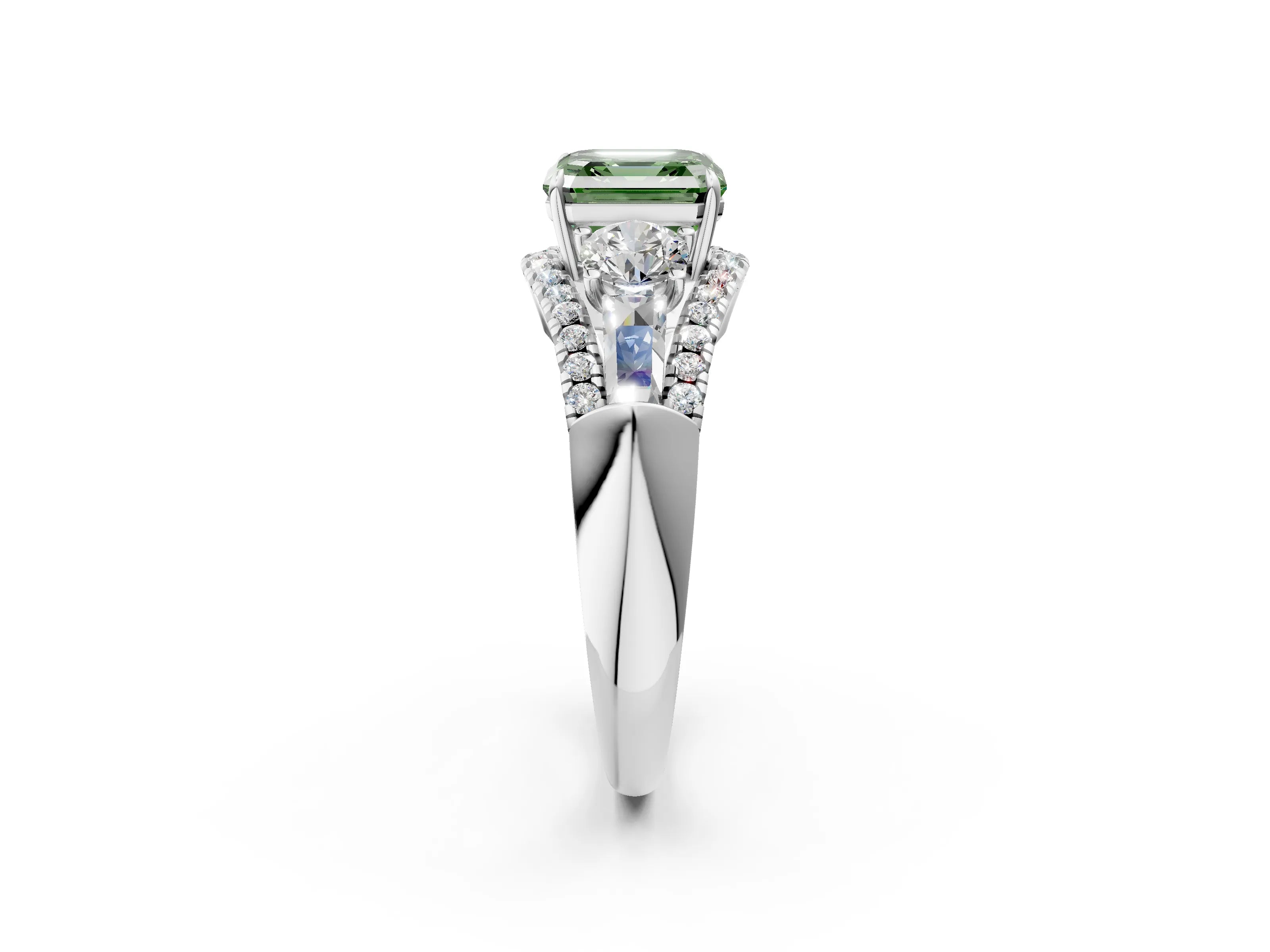 White gold Three-Stone Fancy Green Asscher Cut Diamond Engagement Ring with Pave Band and Prong Setting_14