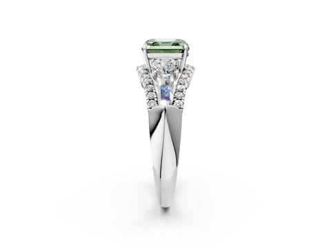 White gold Three-Stone Fancy Green Asscher Cut Diamond Engagement Ring with Pave Band and Prong Setting_14