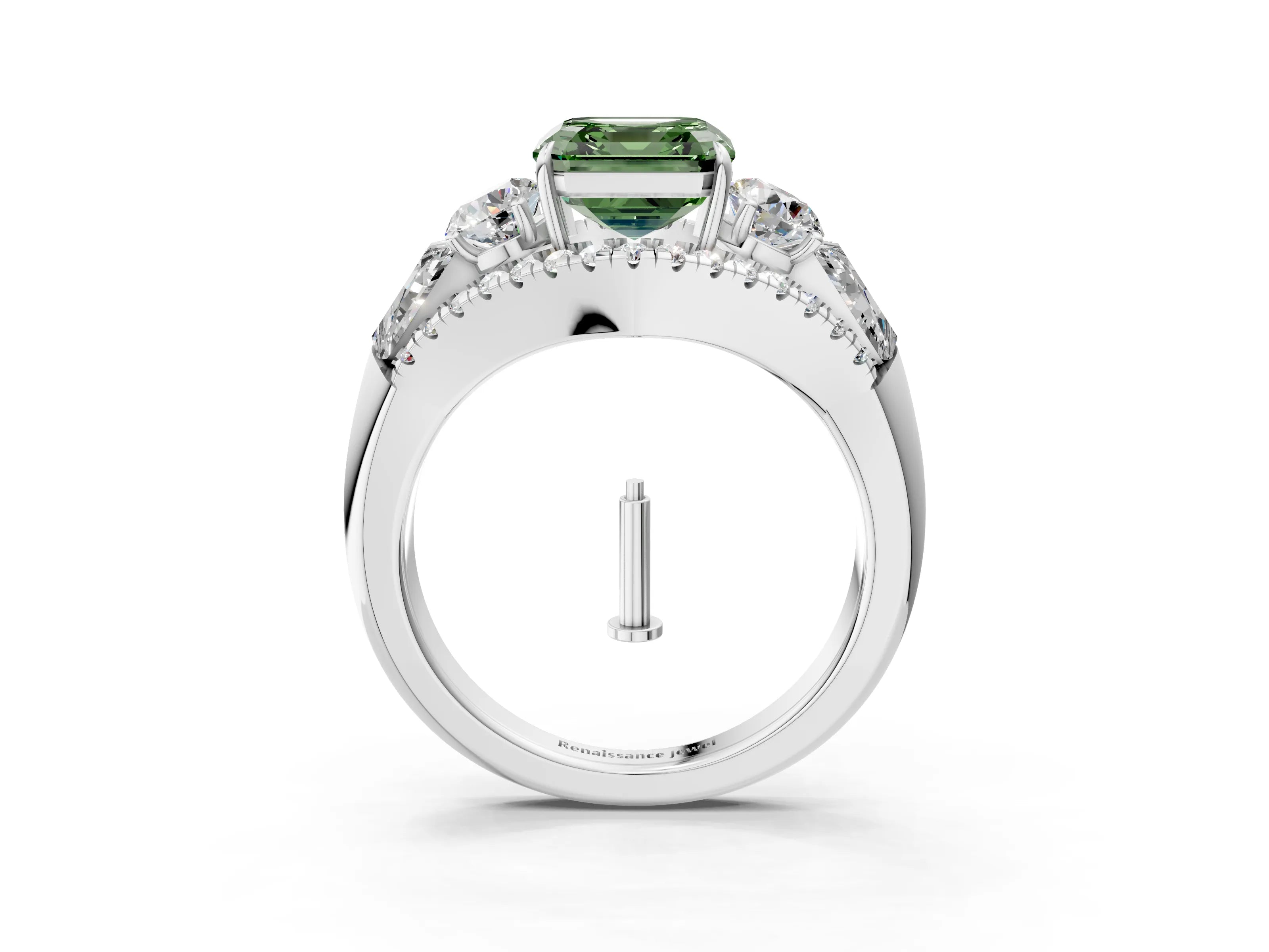 White gold Three-Stone Fancy Green Asscher Cut Diamond Engagement Ring with Pave Band and Prong Setting_15