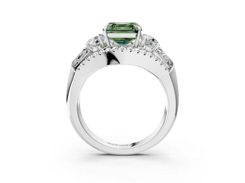 White gold Three-Stone Fancy Green Asscher Cut Diamond Engagement Ring with Pave Band and Prong Setting_15