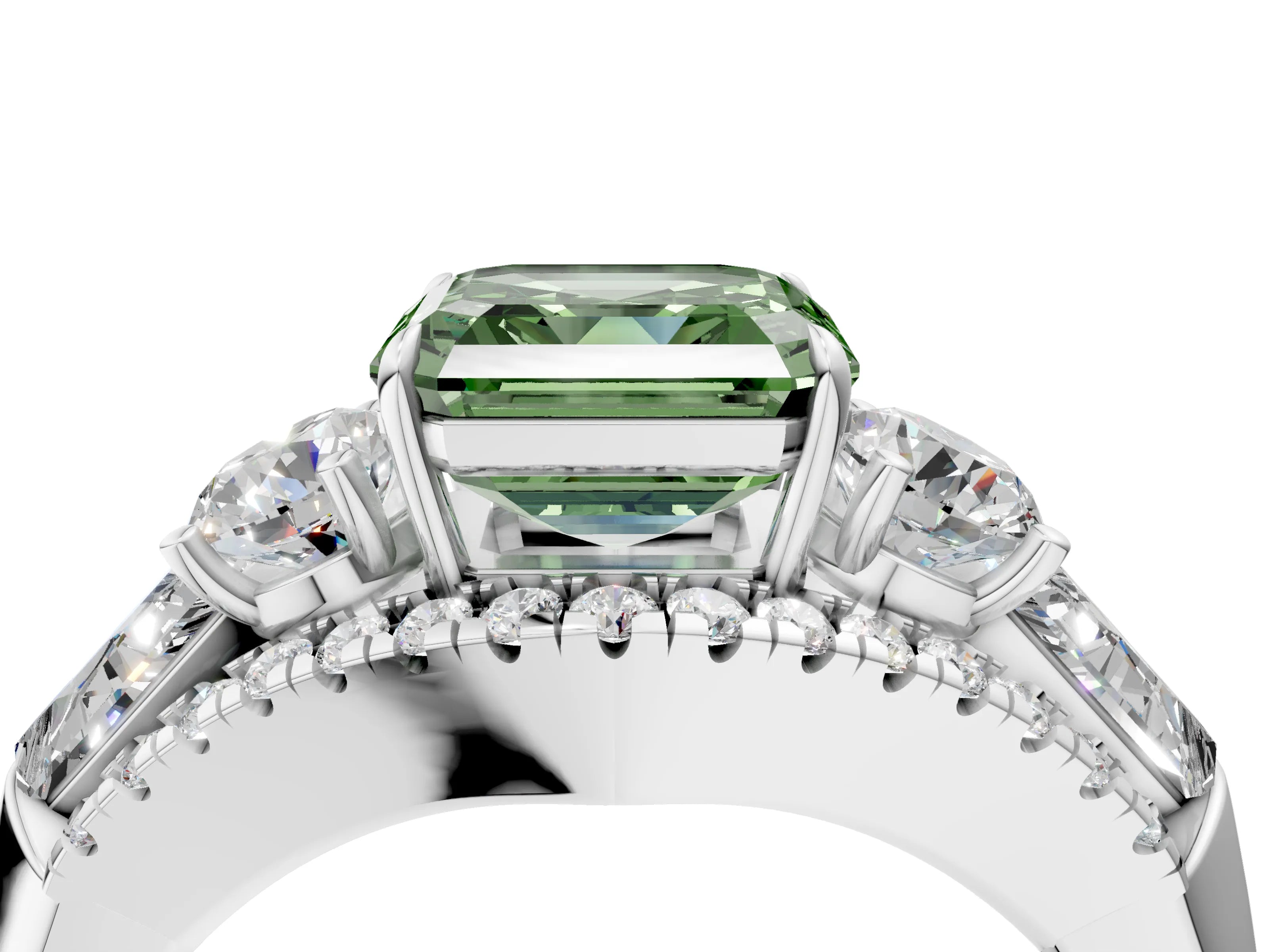 White gold Three-Stone Fancy Green Asscher Cut Diamond Engagement Ring with Pave Band and Prong Setting_16