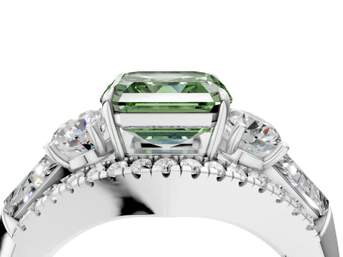 White gold Three-Stone Fancy Green Asscher Cut Diamond Engagement Ring with Pave Band and Prong Setting_16