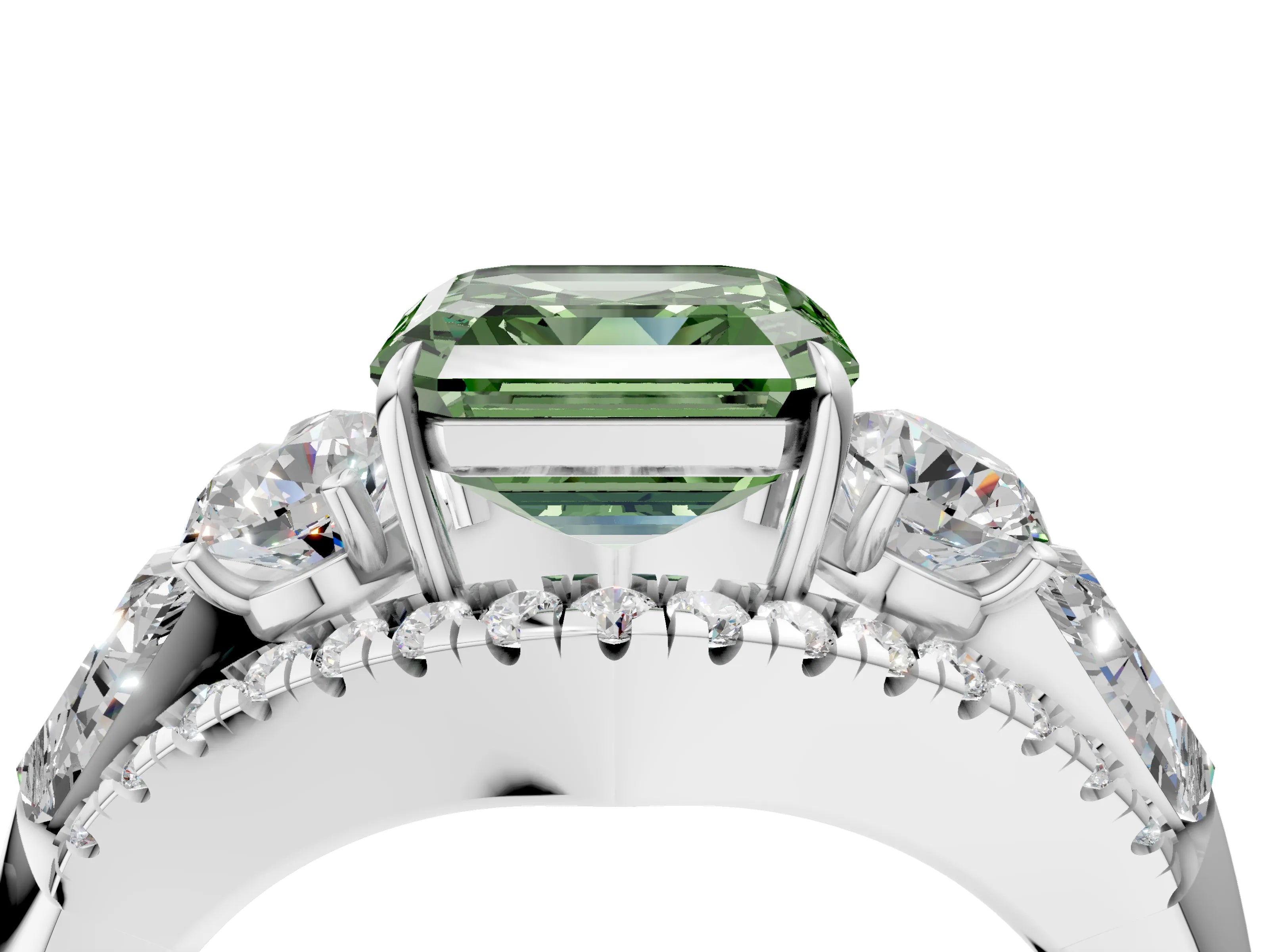 White gold Three-Stone Fancy Green Asscher Cut Diamond Engagement Ring with Pave Band and Prong Setting_16