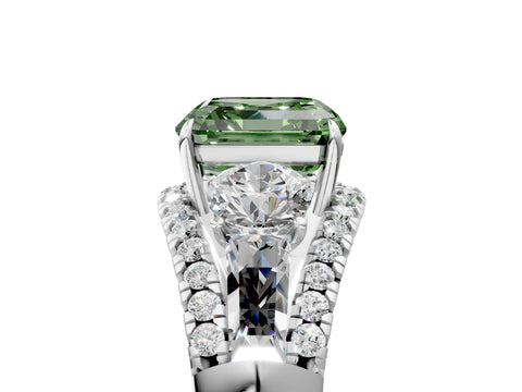 White gold Three-Stone Fancy Green Asscher Cut Diamond Engagement Ring with Pave Band and Prong Setting_17