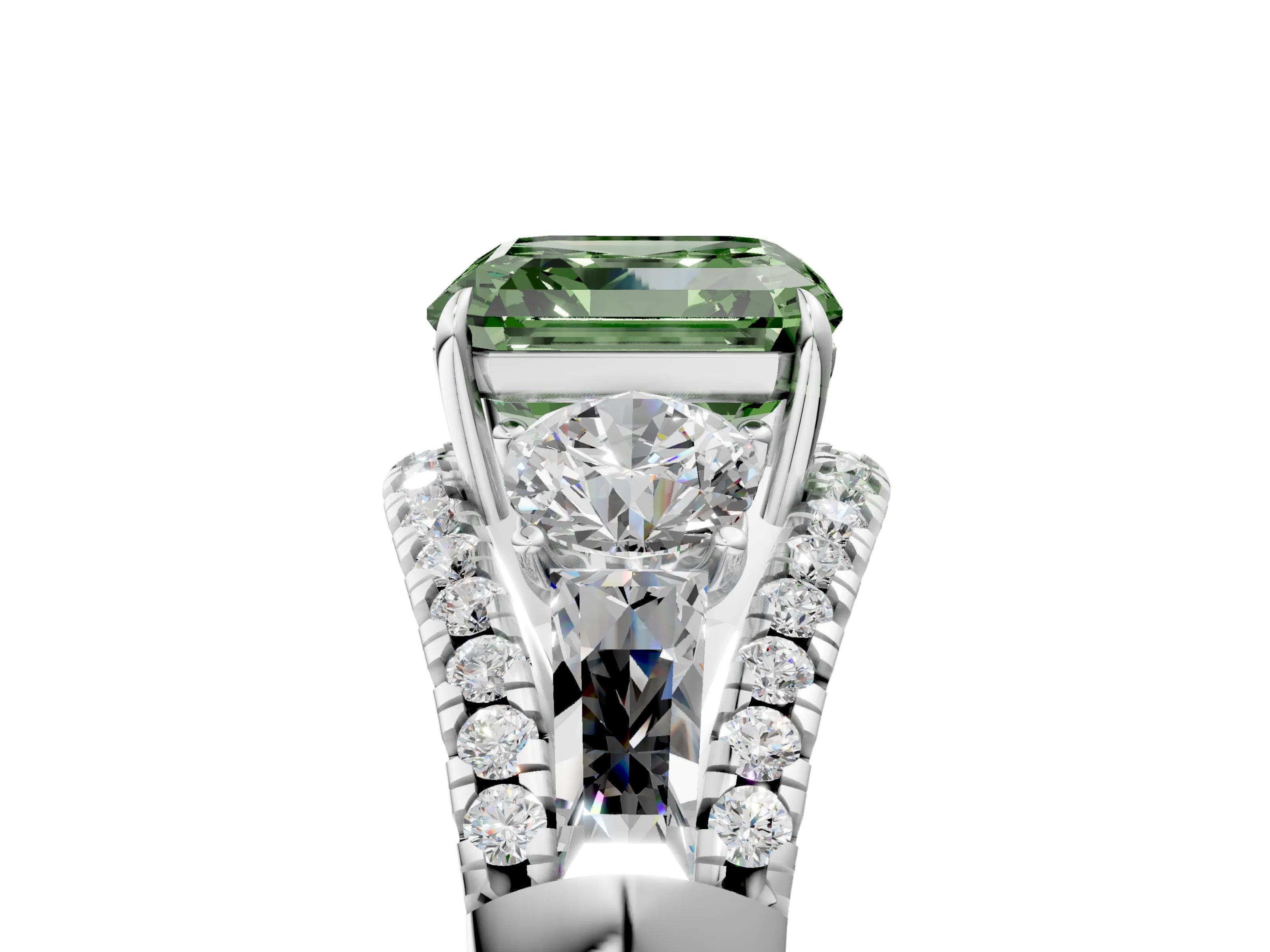 White gold Three-Stone Fancy Green Asscher Cut Diamond Engagement Ring with Pave Band and Prong Setting_17