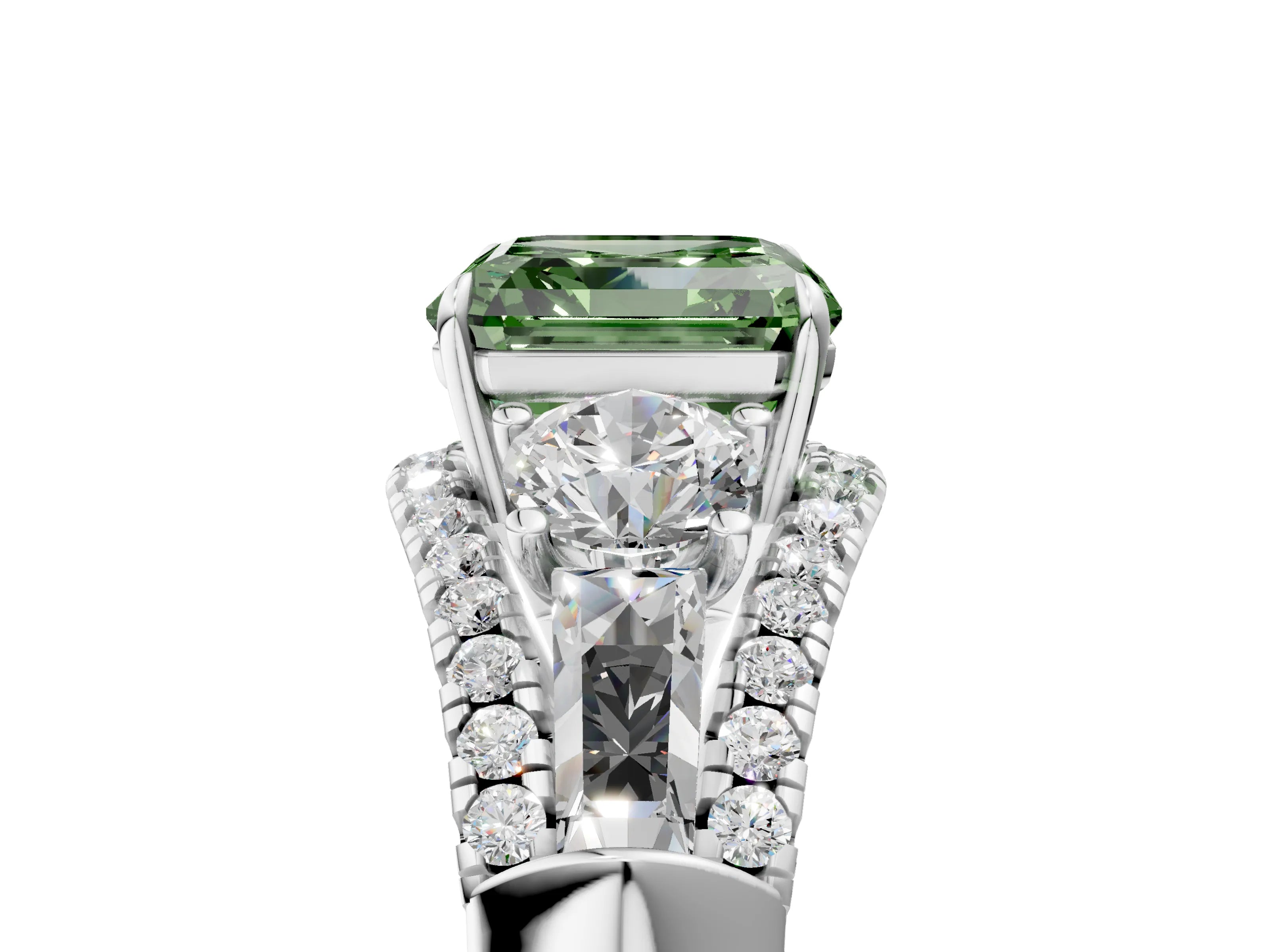 White gold Three-Stone Fancy Green Asscher Cut Diamond Engagement Ring with Pave Band and Prong Setting_17