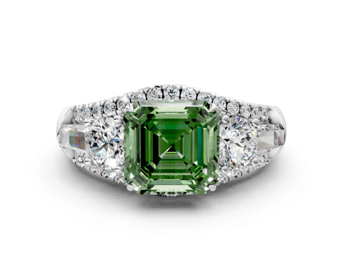 White gold Three-Stone Fancy Green Asscher Cut Diamond Engagement Ring with Pave Band and Prong Setting_18