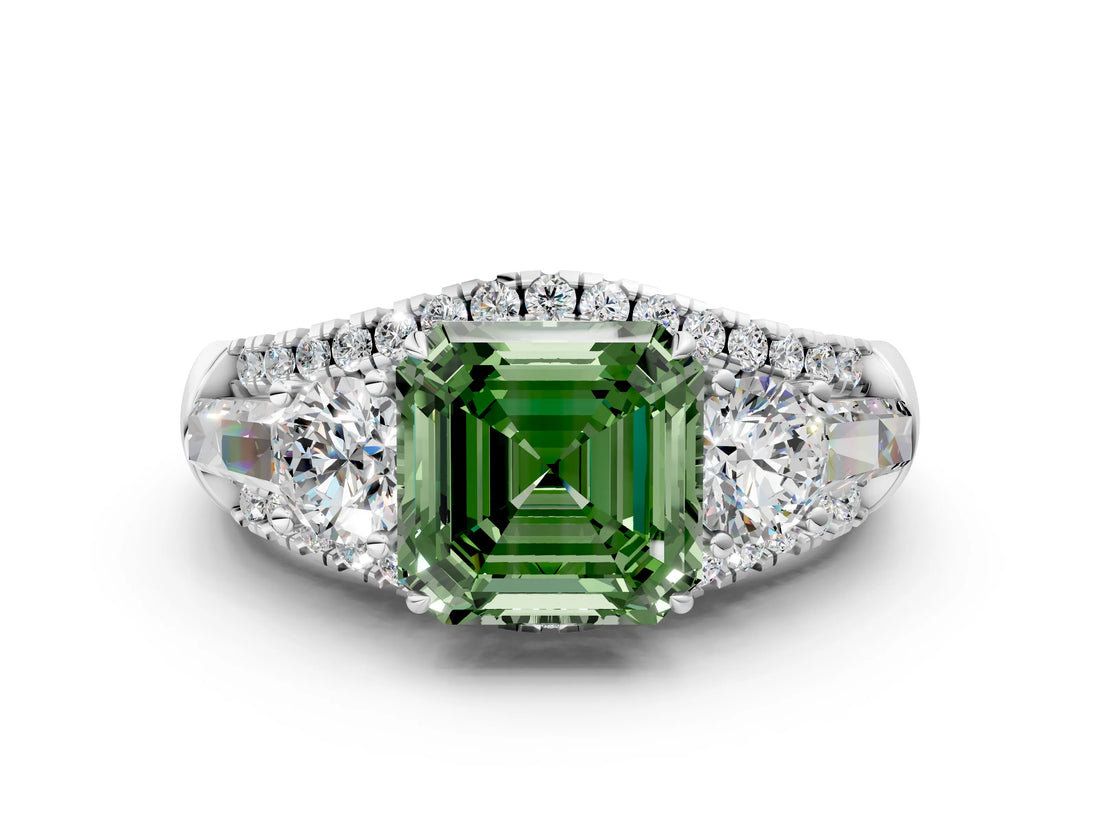 White gold Three-Stone Fancy Green Asscher Cut Diamond Engagement Ring with Pave Band and Prong Setting_19