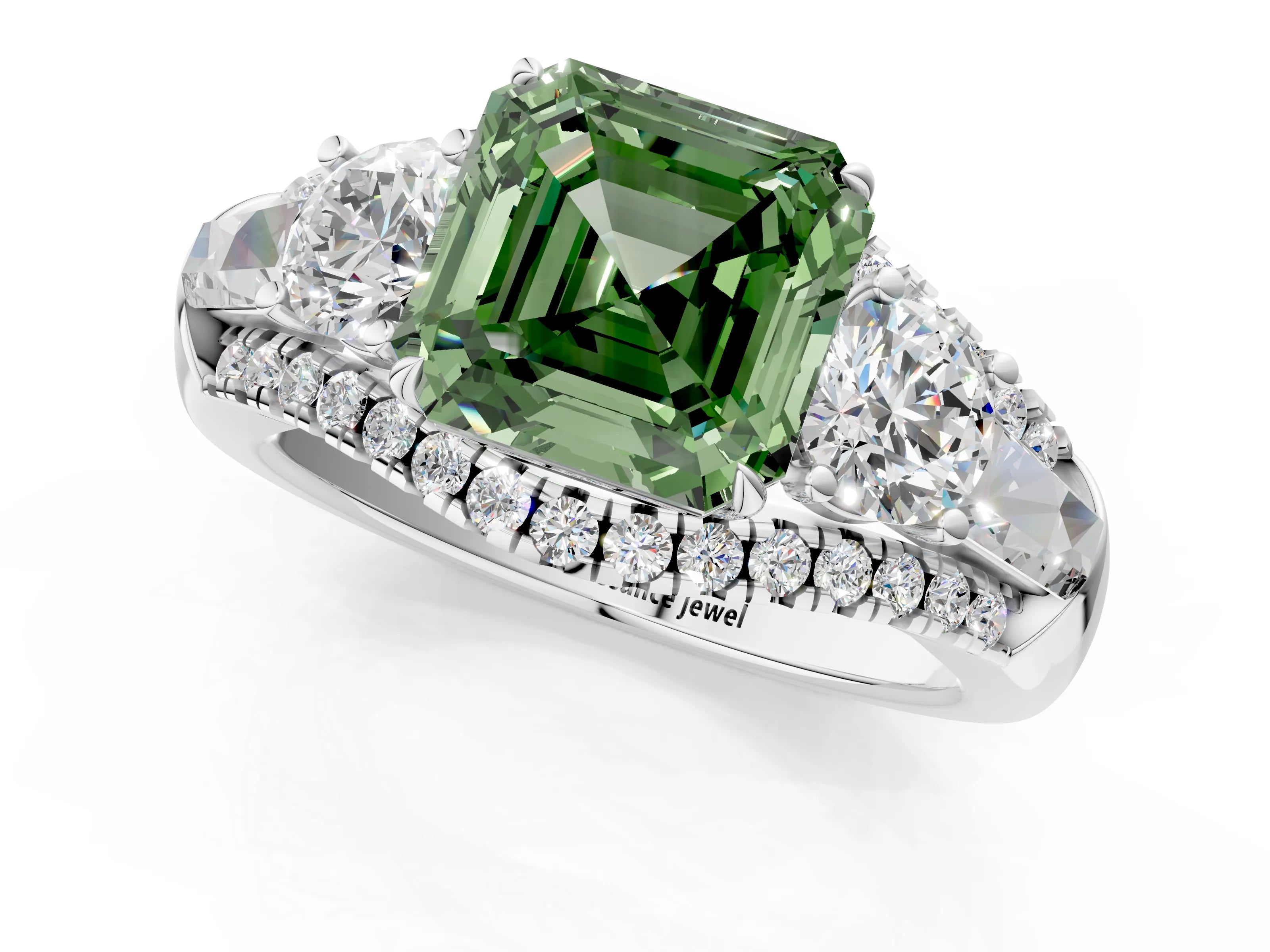 White gold Three-Stone Fancy Green Asscher Cut Diamond Engagement Ring with Pave Band and Prong Setting_19