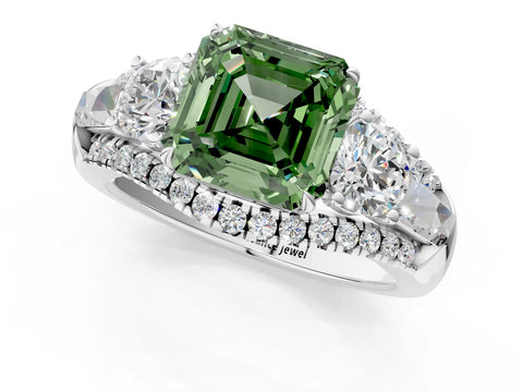White gold Three-Stone Fancy Green Asscher Cut Diamond Engagement Ring with Pave Band and Prong Setting_19