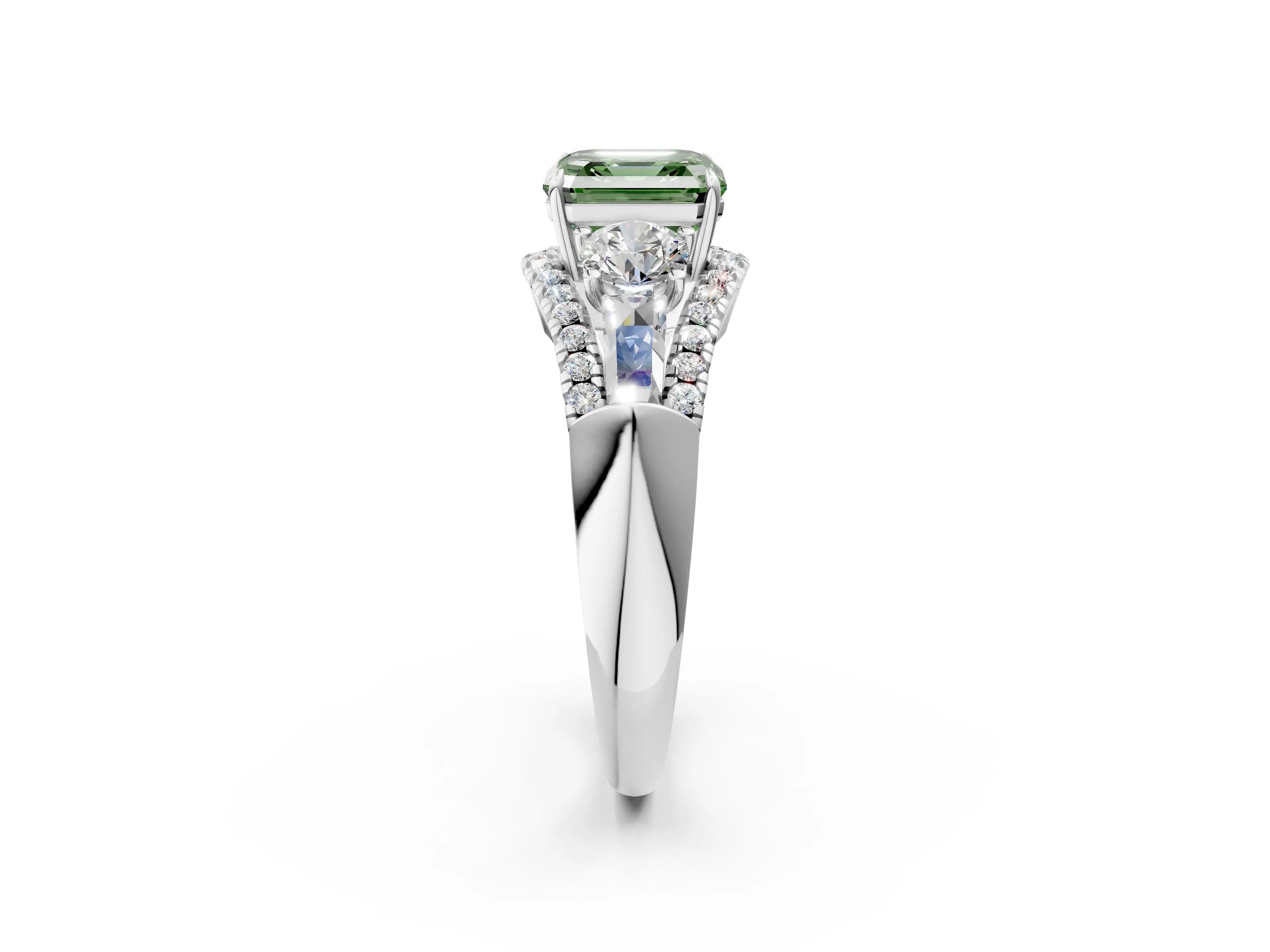 White gold Three-Stone Fancy Green Asscher Cut Diamond Engagement Ring with Pave Band and Prong Setting_20