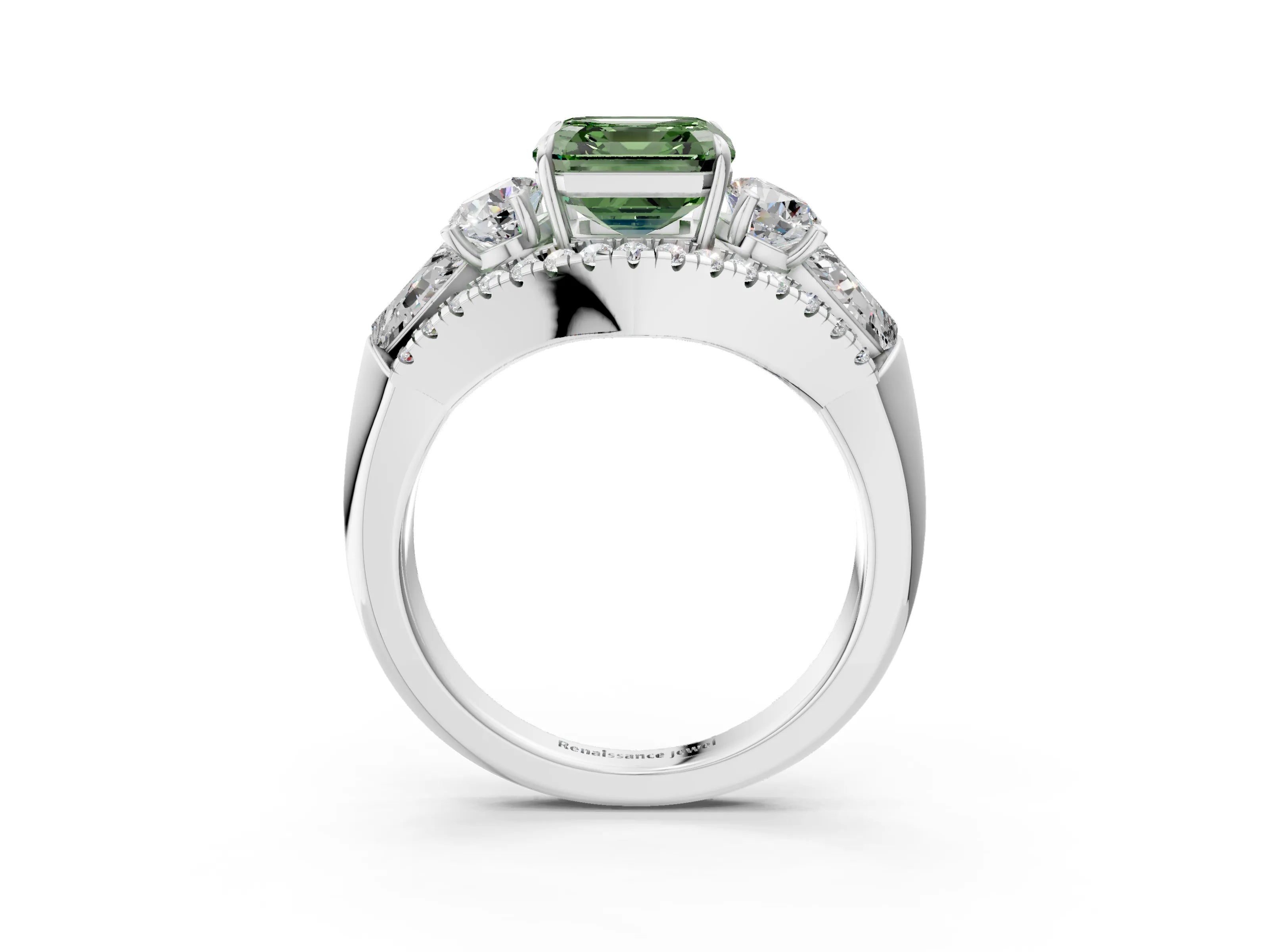 White gold Three-Stone Fancy Green Asscher Cut Diamond Engagement Ring with Pave Band and Prong Setting_21