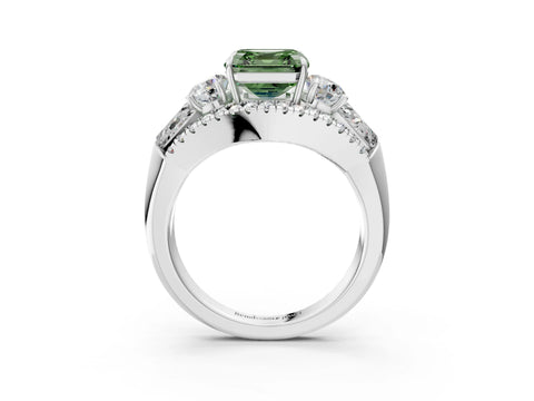 White gold Three-Stone Fancy Green Asscher Cut Diamond Engagement Ring with Pave Band and Prong Setting_21