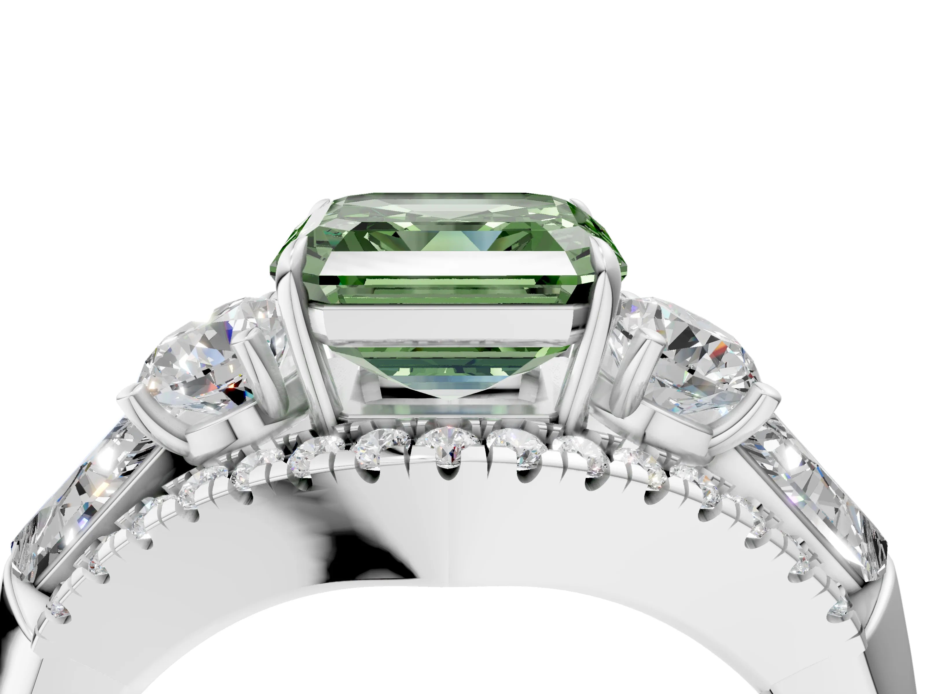 White gold Three-Stone Fancy Green Asscher Cut Diamond Engagement Ring with Pave Band and Prong Setting_22