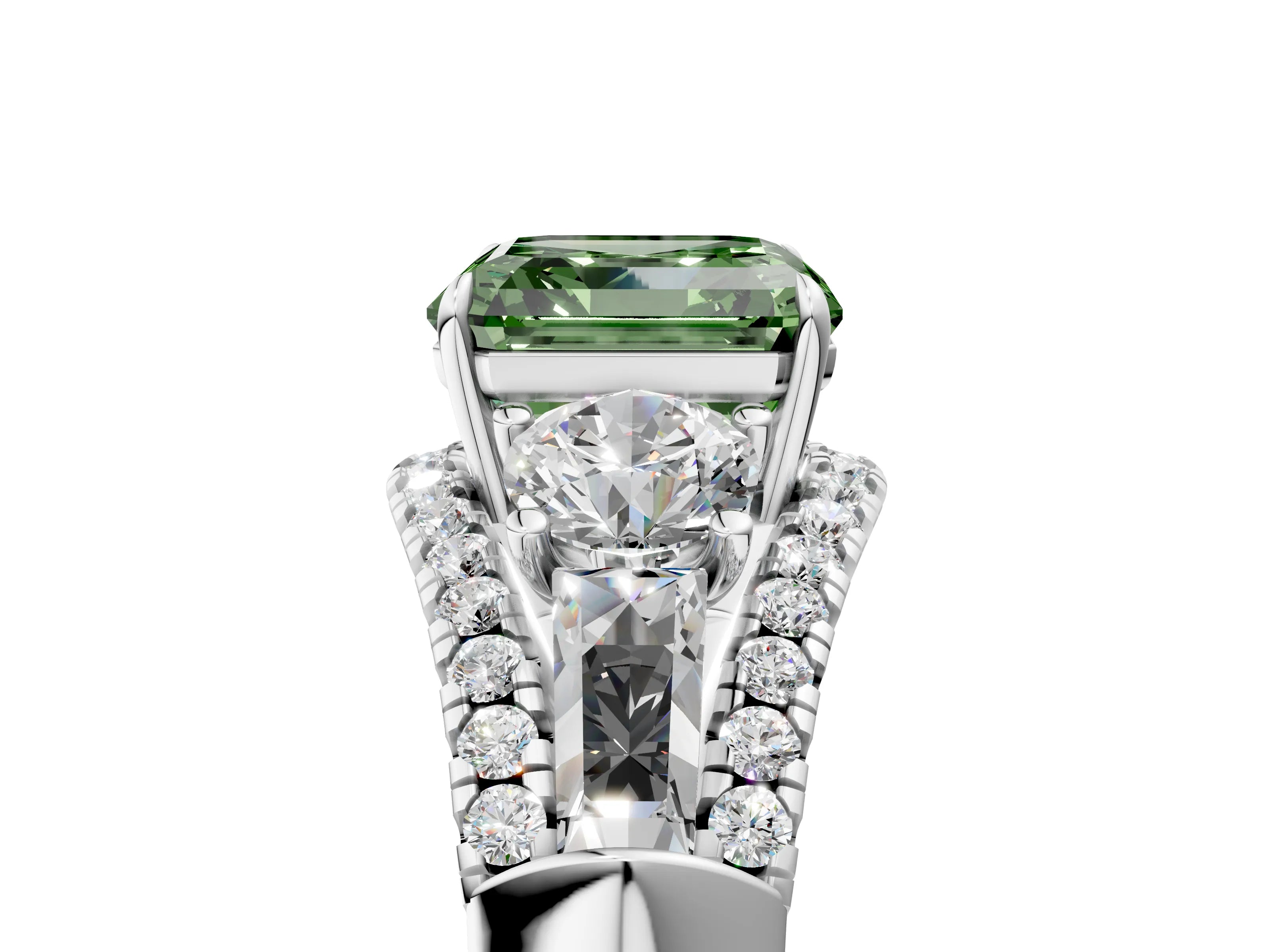 White gold Three-Stone Fancy Green Asscher Cut Diamond Engagement Ring with Pave Band and Prong Setting_23