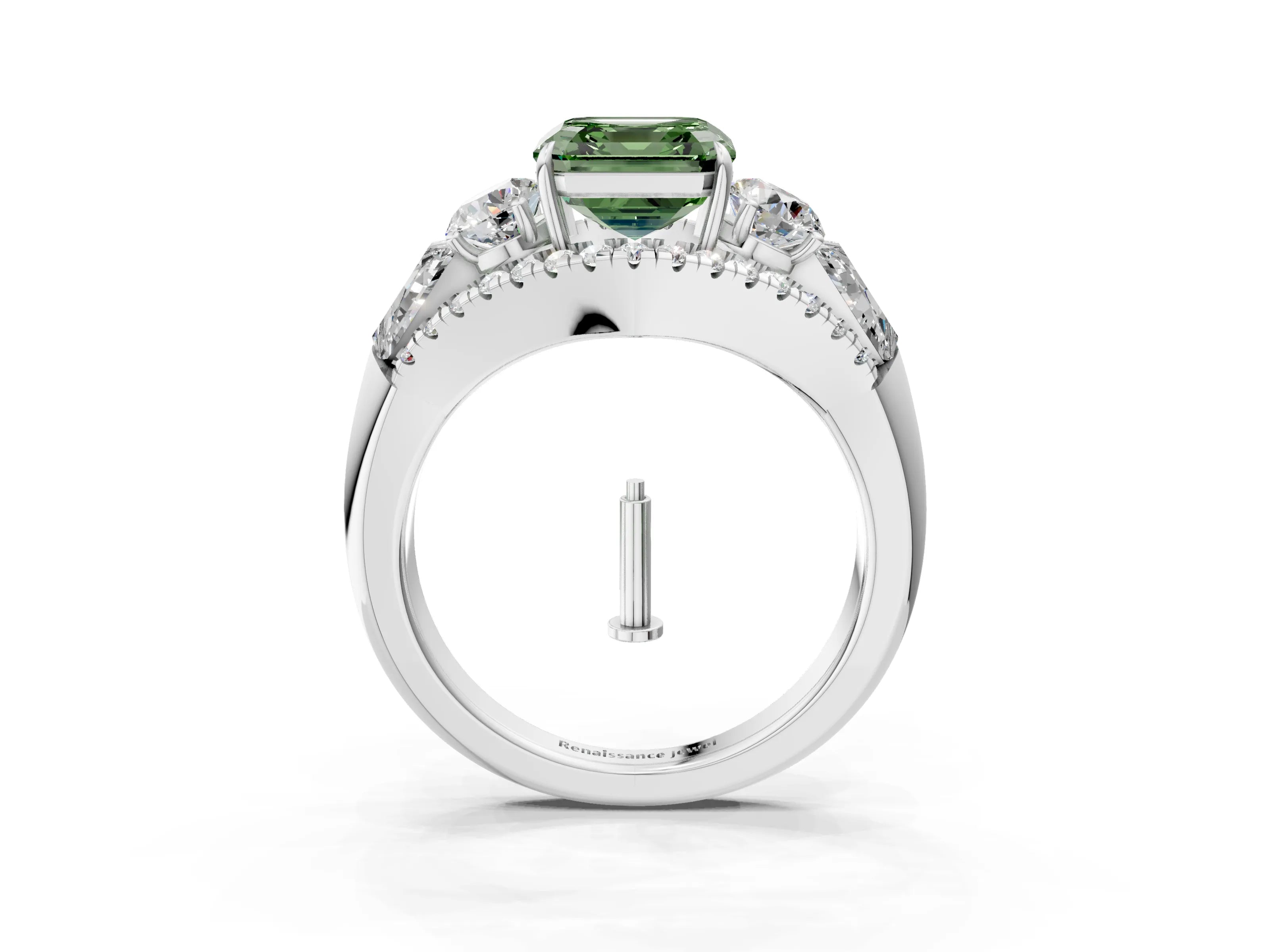 White gold Three-Stone Fancy Green Asscher Cut Diamond Engagement Ring with Pave Band and Prong Setting_3