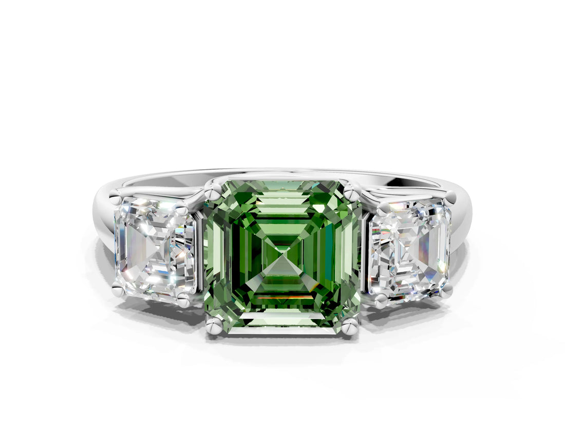 White gold Three-Stone Fancy Green Asscher Cut Diamond Engagement Ring with Prong Setting_15