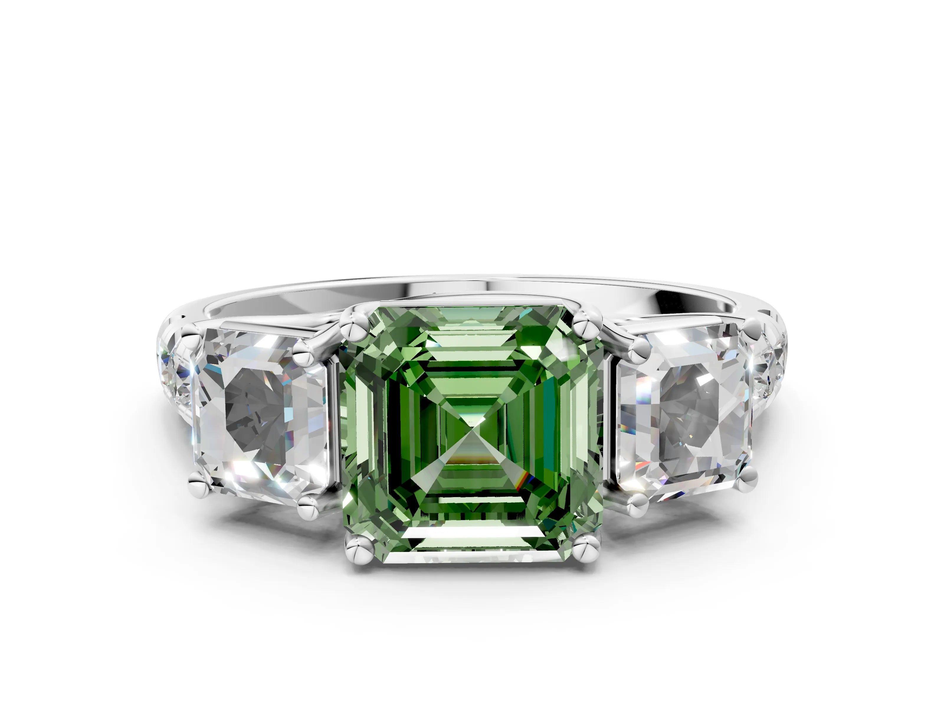 White gold Three-Stone Fancy Green Asscher Cut Diamond Pavé Band with Prong Setting_12