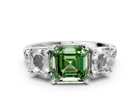 White gold Three-Stone Fancy Green Asscher Cut Diamond Pavé Band with Prong Setting_12