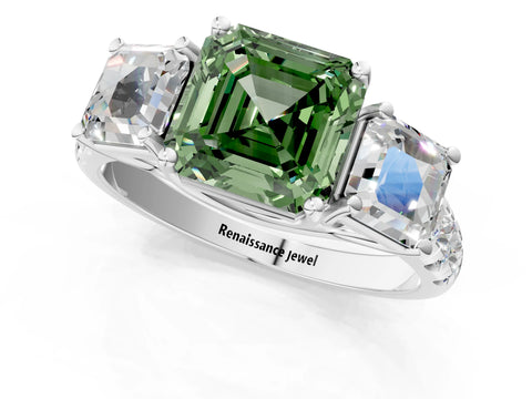 White gold Three-Stone Fancy Green Asscher Cut Diamond Pavé Band with Prong Setting_13