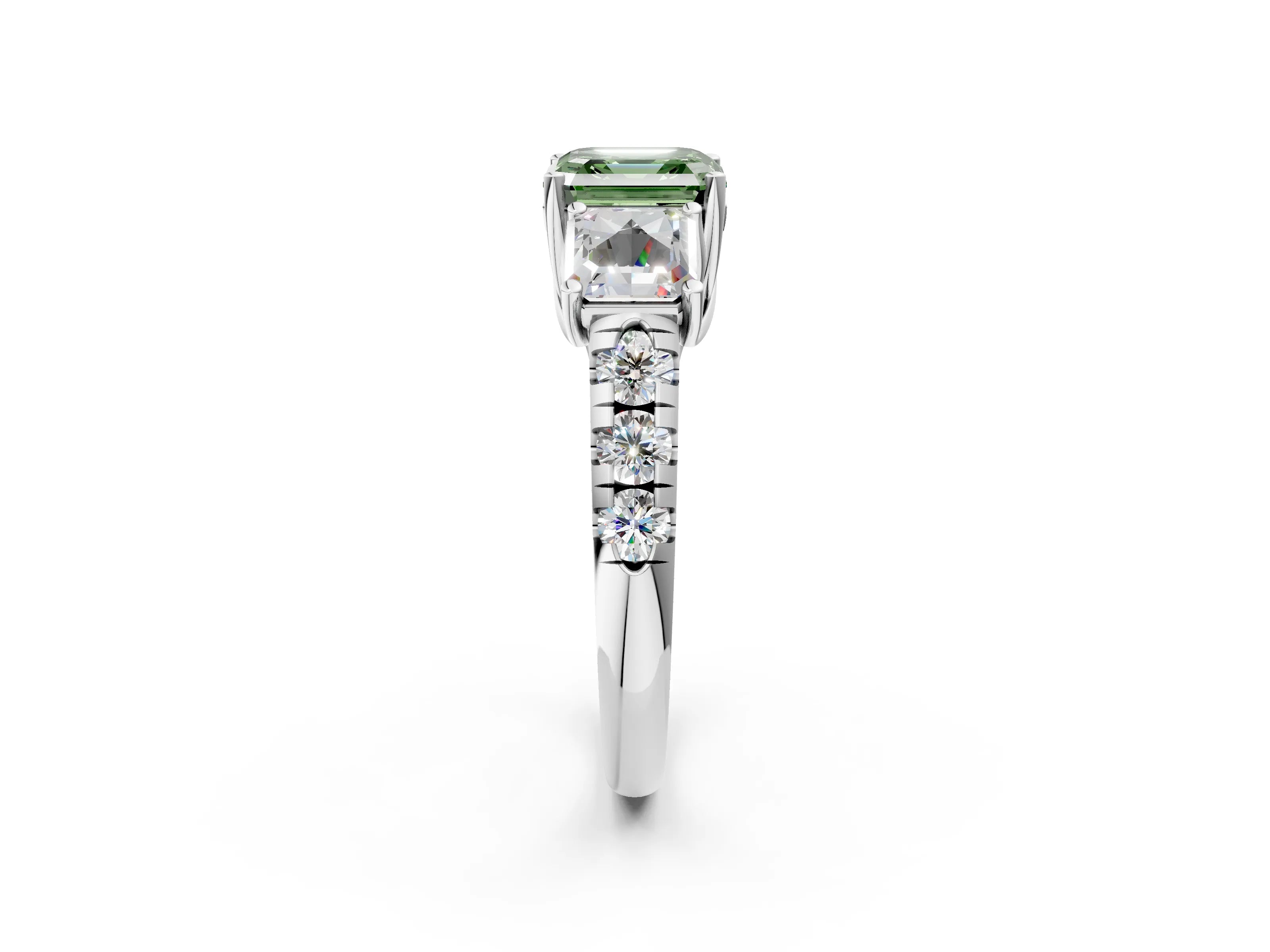 White gold Three-Stone Fancy Green Asscher Cut Diamond Pavé Band with Prong Setting_14