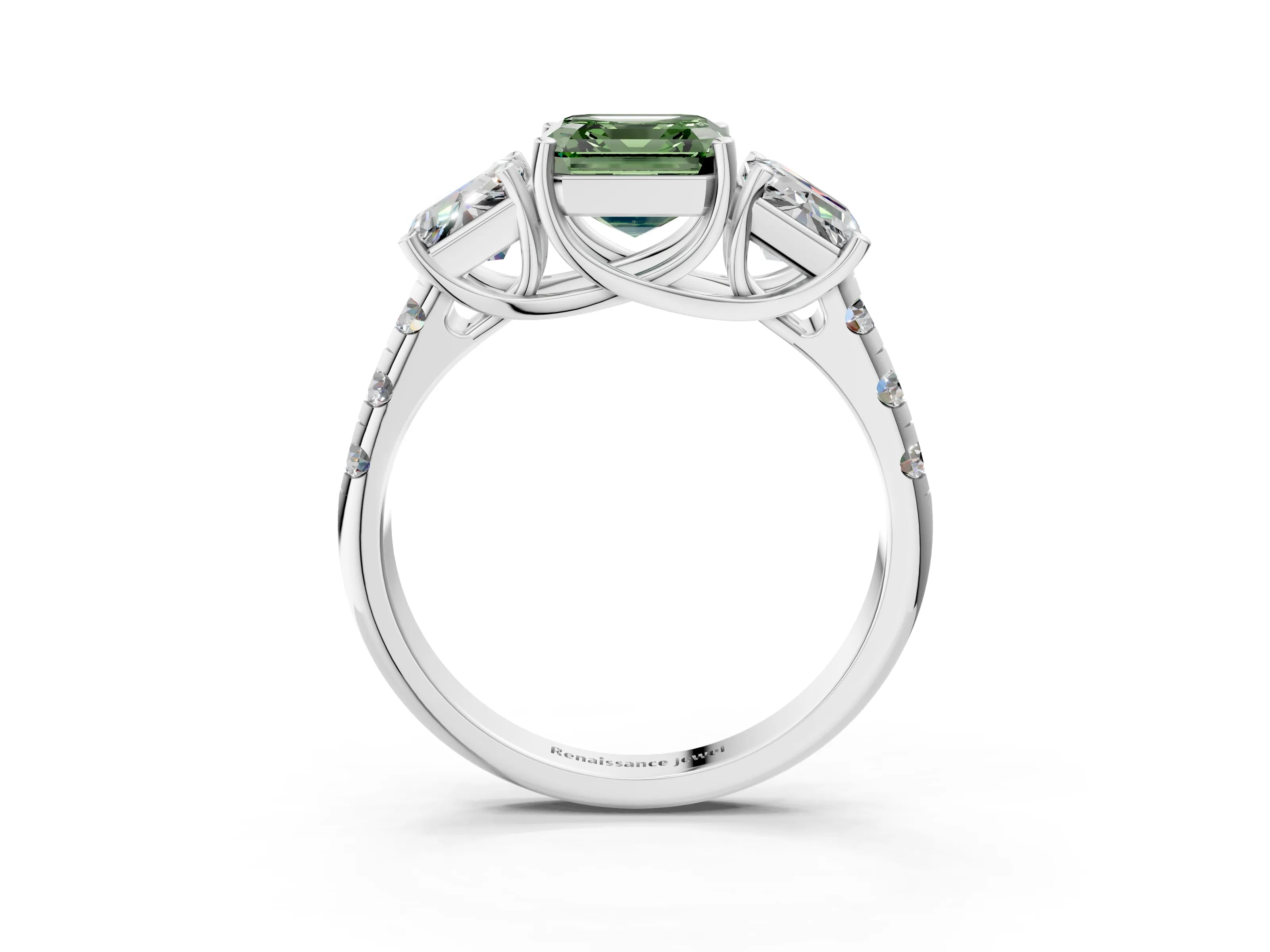 White gold Three-Stone Fancy Green Asscher Cut Diamond Pavé Band with Prong Setting_15