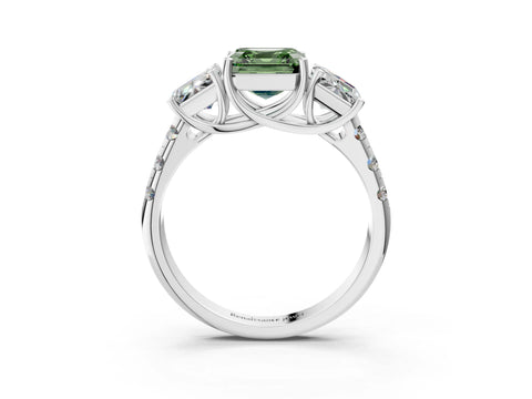 White gold Three-Stone Fancy Green Asscher Cut Diamond Pavé Band with Prong Setting_15