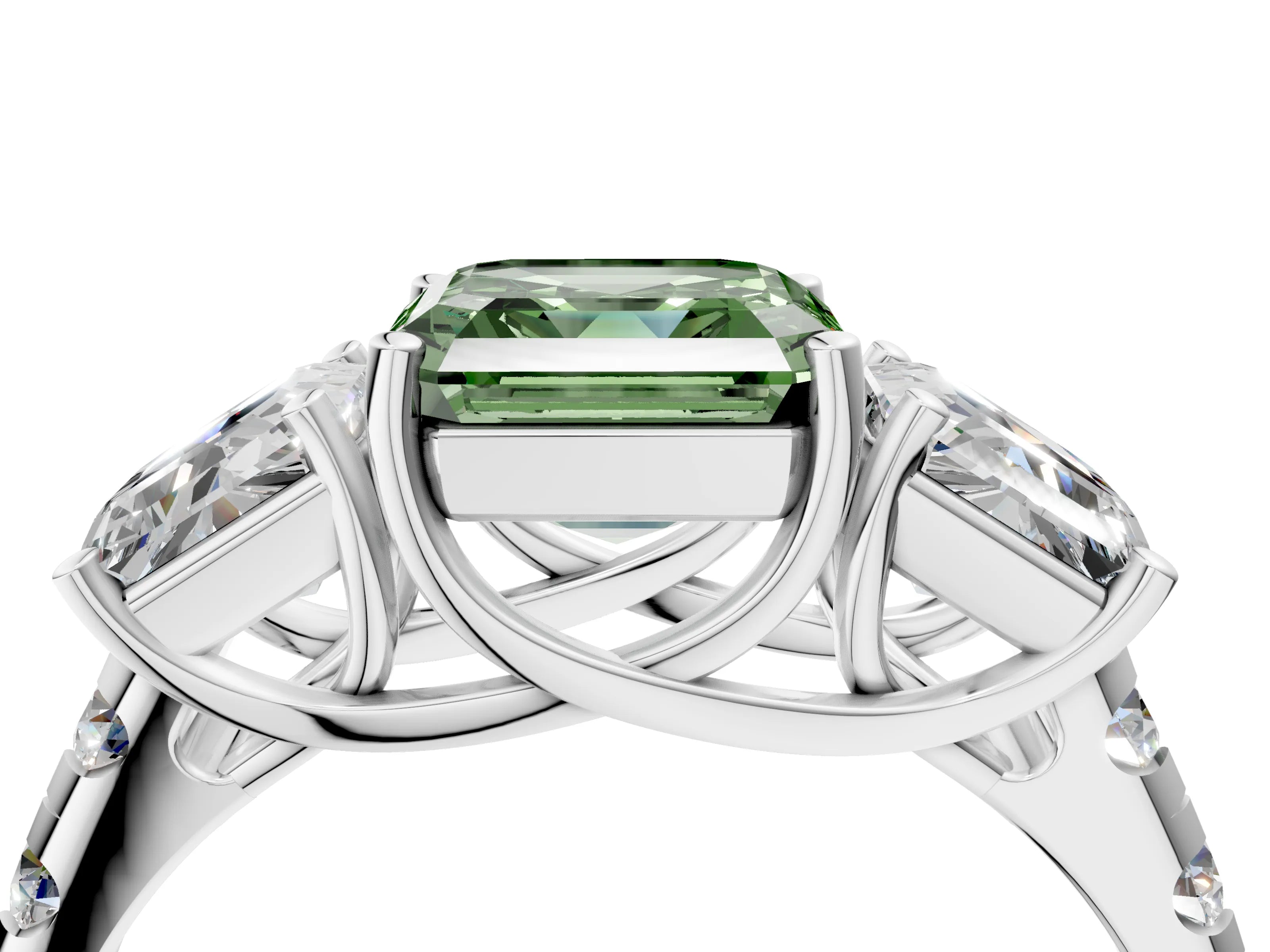 White gold Three-Stone Fancy Green Asscher Cut Diamond Pavé Band with Prong Setting_16