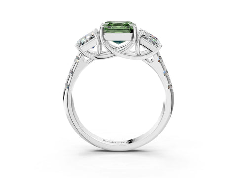 White gold Three-Stone Fancy Green Asscher Cut Diamond Pavé Band with Prong Setting_3