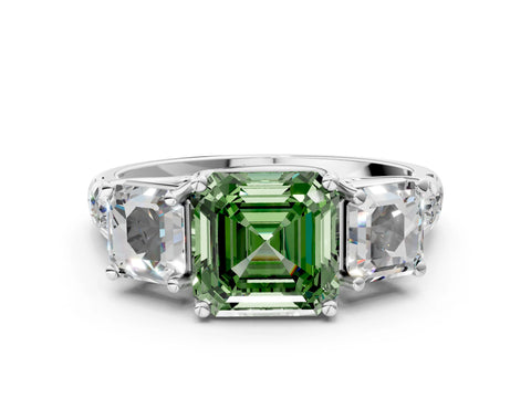 White gold Three-Stone Fancy Green Asscher Cut Diamond Pavé Band with Prong Setting