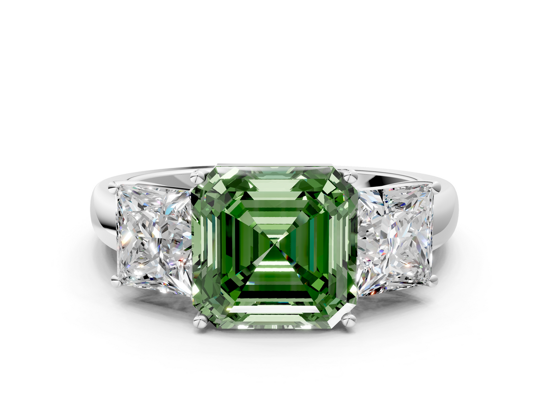 White gold Three-Stone Fancy Green Asscher  Cut Diamond Ring with Channel-Set Band and Four-Prong Setting_17