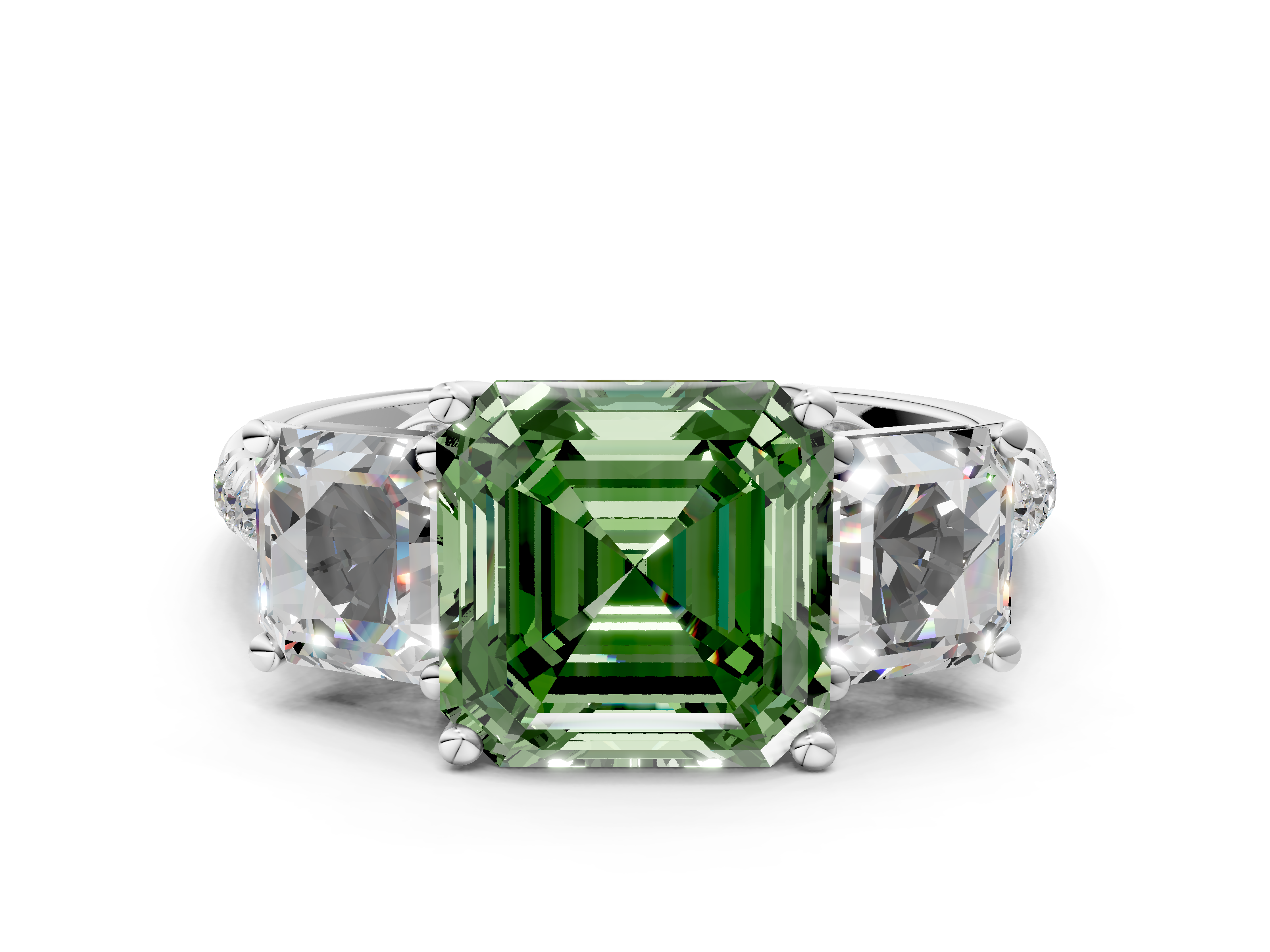 White gold Three-Stone Fancy Green Asscher  Cut Diamond Ring with Pavé Band and Prong Setting_17
