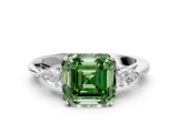 White gold Three-Stone Fancy Green Asscher  Cut Diamond Ring with Pear Side Stones in Four-Prong Setting