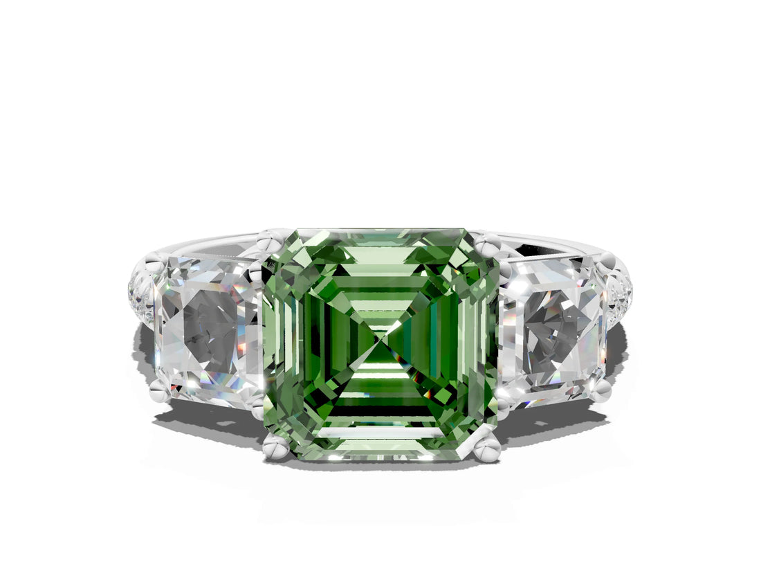 White gold Three-Stone Fancy Green Asscher Cut Diamond Ring with Round  Pavé Band and Prong Setting_118