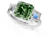 White gold Three-Stone Fancy Green Asscher Cut Diamond Ring with Round  Pavé Band and Prong Setting_119